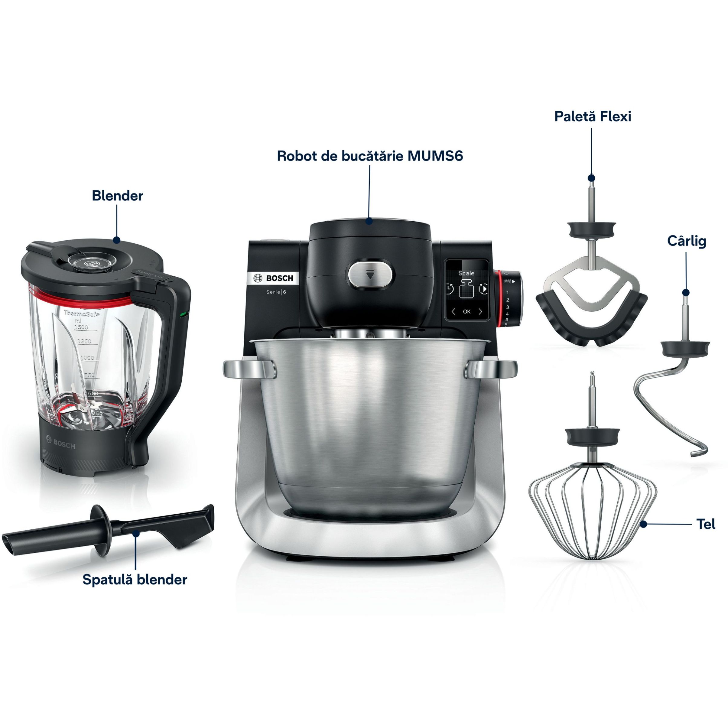 Robot de bucătărie planetar BOSCH Serie 6 MUMS6 Scale MUMS6ZS17, 1600W (7 trepte, Pulse), Bol inox șlefuit 5.5l cu mânere, Set patiserie, Cântar, Cronometru, SoftStart, AirCooling, G7.83kg, Matte Jet Black
