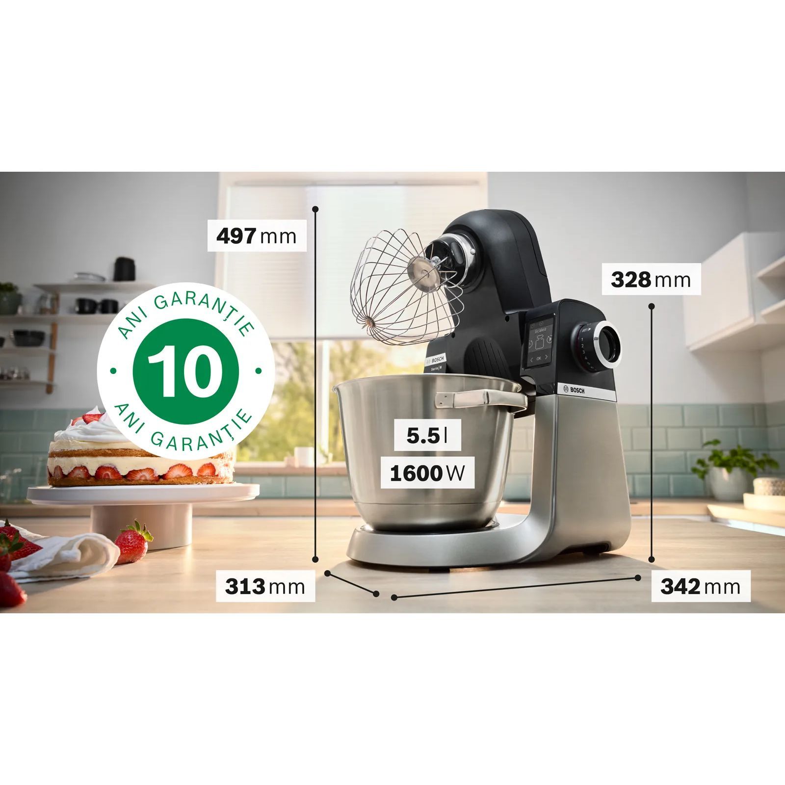 Robot de bucătărie planetar BOSCH Serie 6 MUMS6 Scale MUMS6ZS17, 1600W (7 trepte, Pulse), Bol inox șlefuit 5.5l cu mânere, Set patiserie, Cântar, Cronometru, SoftStart, AirCooling, G7.83kg, Matte Jet Black