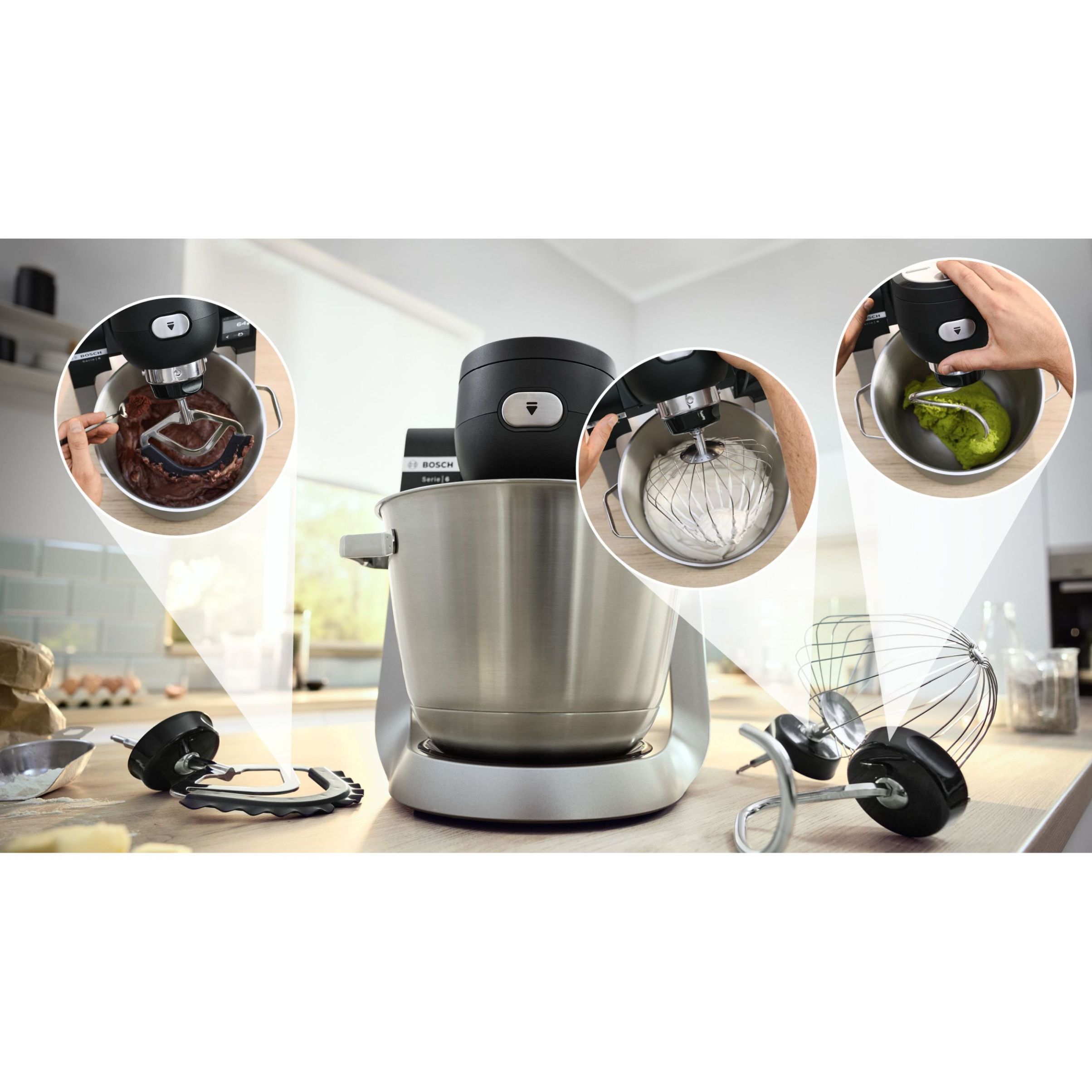 Robot de bucătărie planetar BOSCH Serie 6 MUMS6 Scale MUMS6ZS17, 1600W (7 trepte, Pulse), Bol inox șlefuit 5.5l cu mânere, Set patiserie, Cântar, Cronometru, SoftStart, AirCooling, G7.83kg, Matte Jet Black