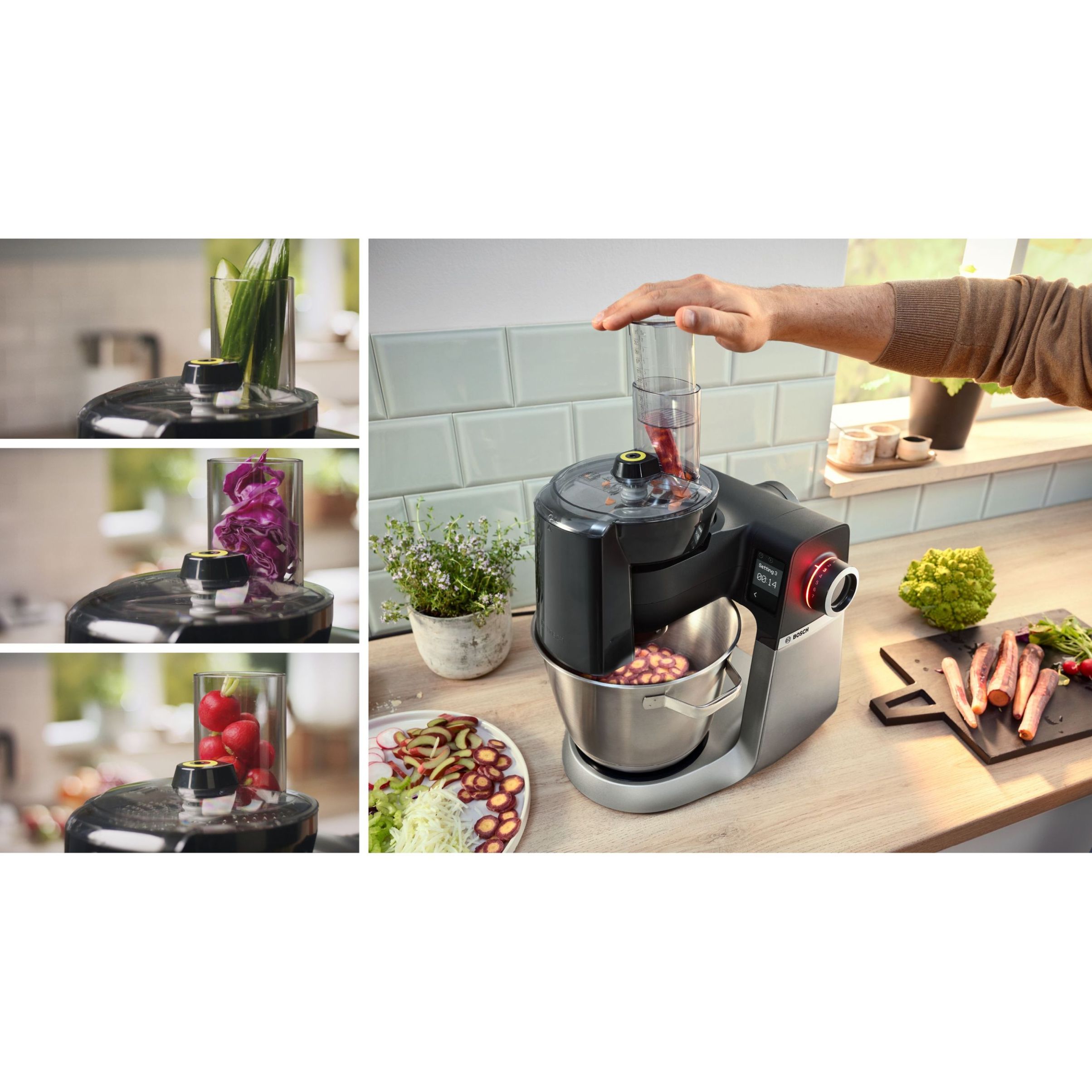 Robot de bucătărie planetar BOSCH Serie 6 MUMS6 Scale MUMS6ZS17, 1600W (7 trepte, Pulse), Bol inox șlefuit 5.5l cu mânere, Set patiserie, Cântar, Cronometru, SoftStart, AirCooling, G7.83kg, Matte Jet Black