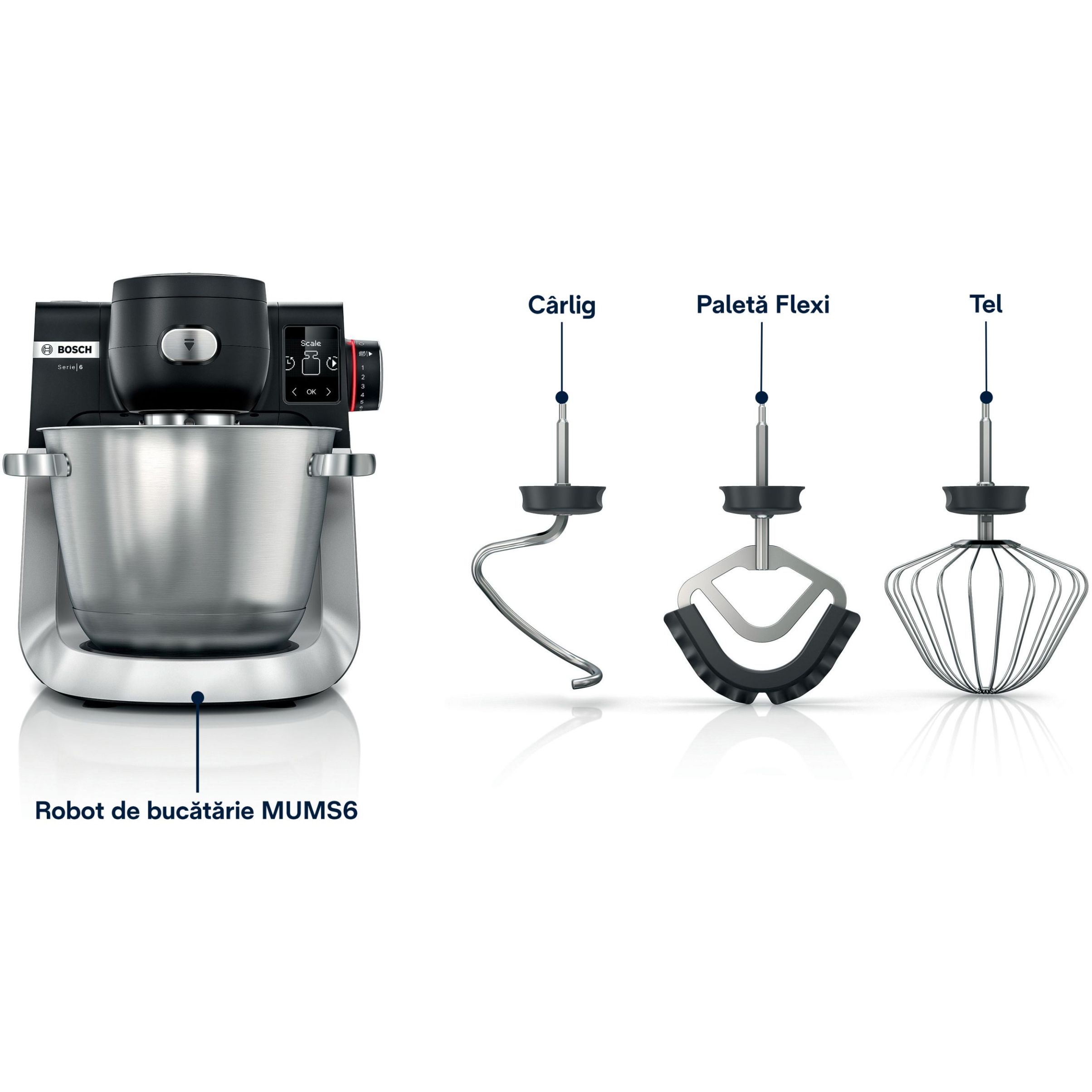Robot de bucătărie planetar BOSCH Serie 6 MUMS6 Scale MUMS6ZS00, 1600W (7 trepte, Pulse), Bol inox șlefuit 5.5l cu mânere, Set patiserie, Cântar, Cronometru, SoftStart, AirCooling, G7.83kg, Matte Jet Black