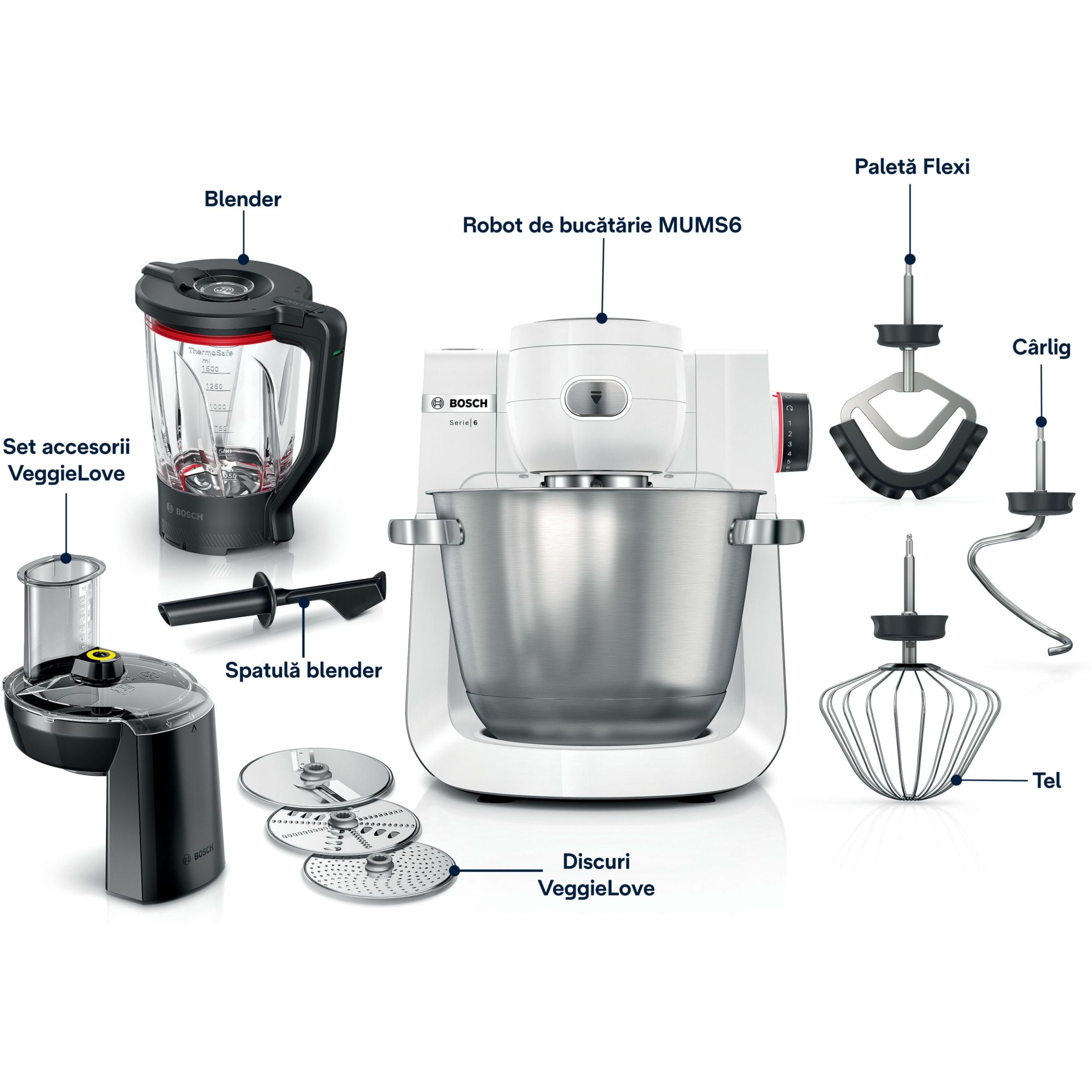 Robot de bucătărie planetar BOSCH Serie 6 MUMS6 MUMS6EW22, 1600W (7 trepte, Pulse), Bol inox șlefuit 5.5l cu mânere, Set patiserie, Soft Start, AirCooling, Color Coding, G7.83kg, Polar White