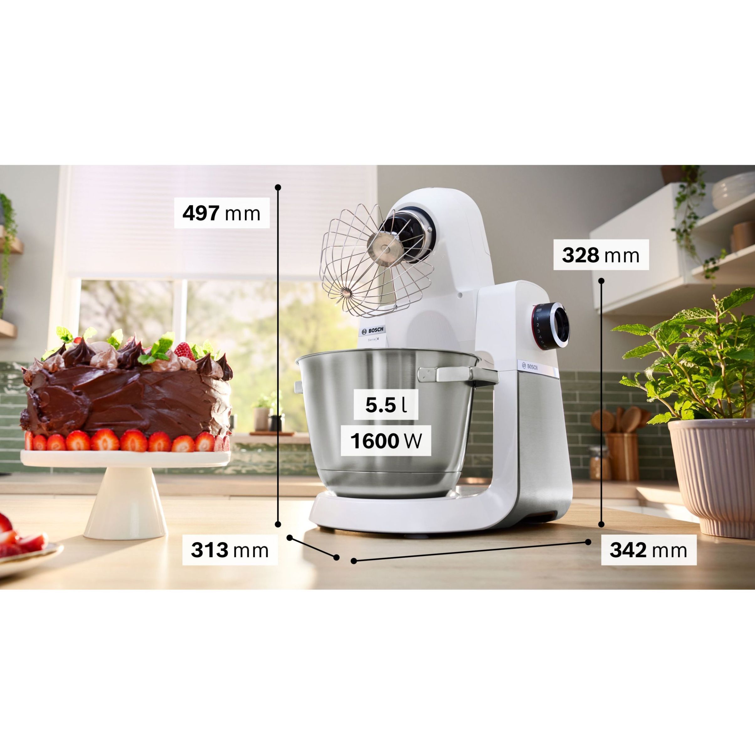 Robot de bucătărie planetar BOSCH Serie 6 MUMS6 MUMS6EW22, 1600W (7 trepte, Pulse), Bol inox șlefuit 5.5l cu mânere, Set patiserie, Soft Start, AirCooling, Color Coding, G7.83kg, Polar White