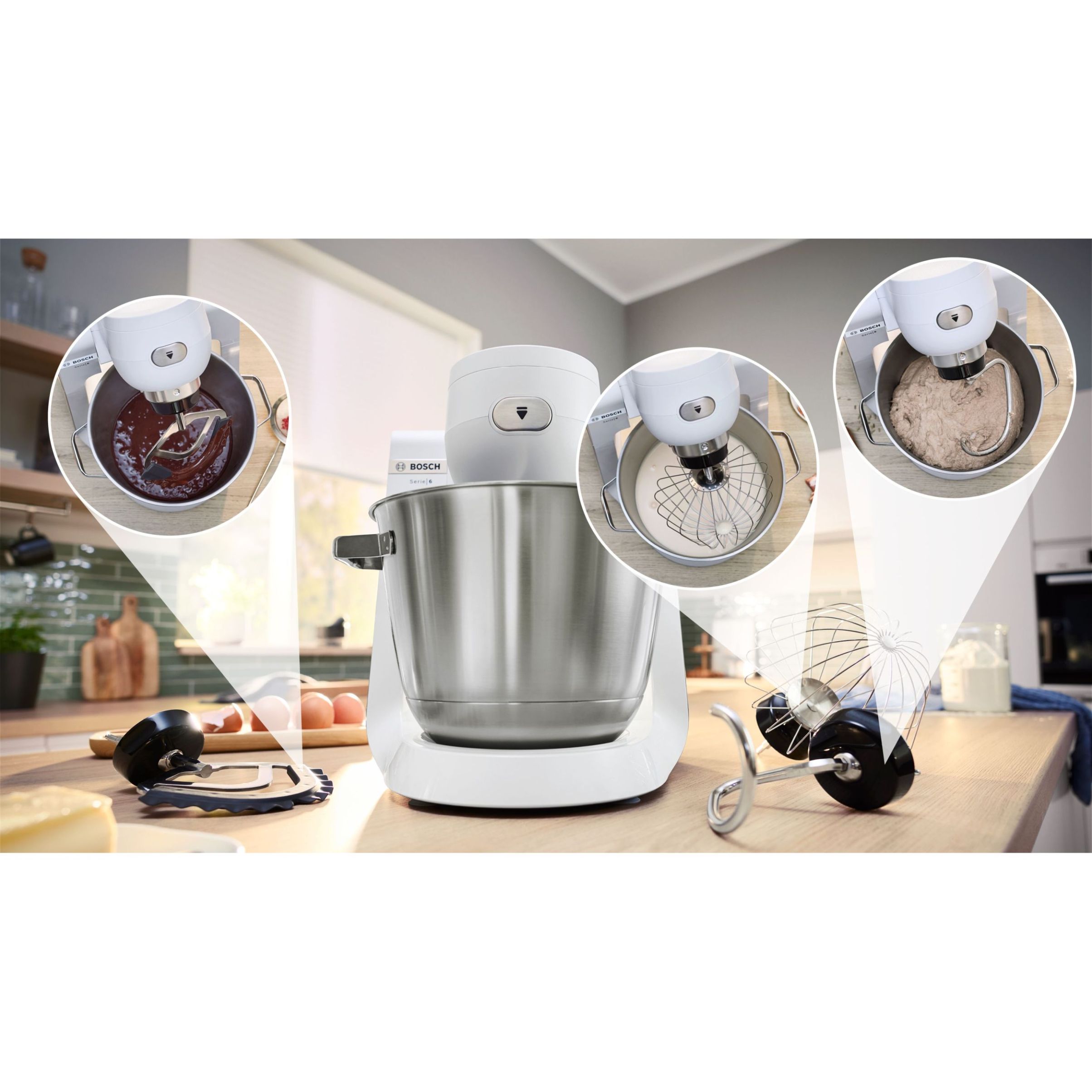Robot de bucătărie planetar BOSCH Serie 6 MUMS6 MUMS6EW22, 1600W (7 trepte, Pulse), Bol inox șlefuit 5.5l cu mânere, Set patiserie, Soft Start, AirCooling, Color Coding, G7.83kg, Polar White