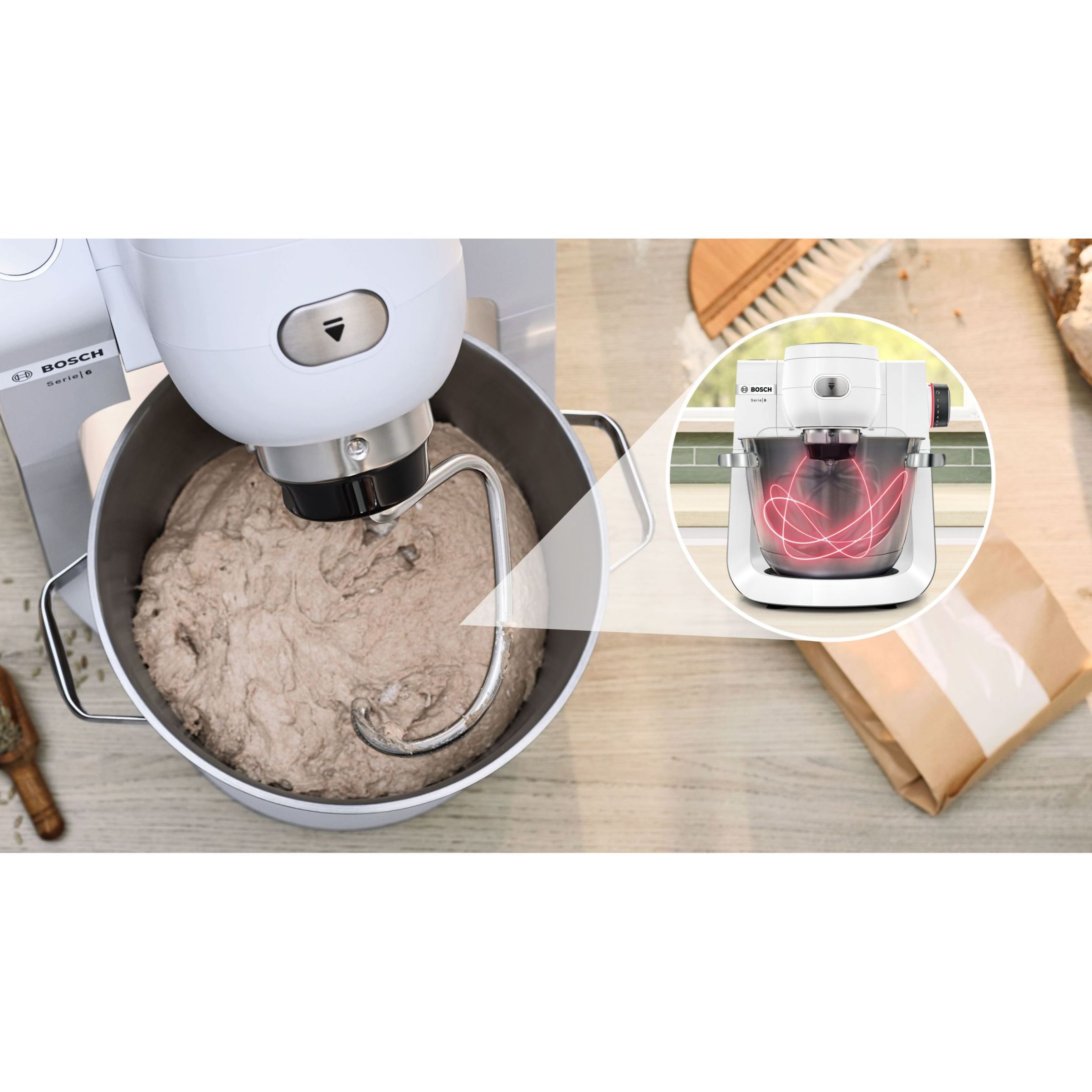 Robot de bucătărie planetar BOSCH Serie 6 MUMS6 MUMS6EW22, 1600W (7 trepte, Pulse), Bol inox șlefuit 5.5l cu mânere, Set patiserie, Soft Start, AirCooling, Color Coding, G7.83kg, Polar White