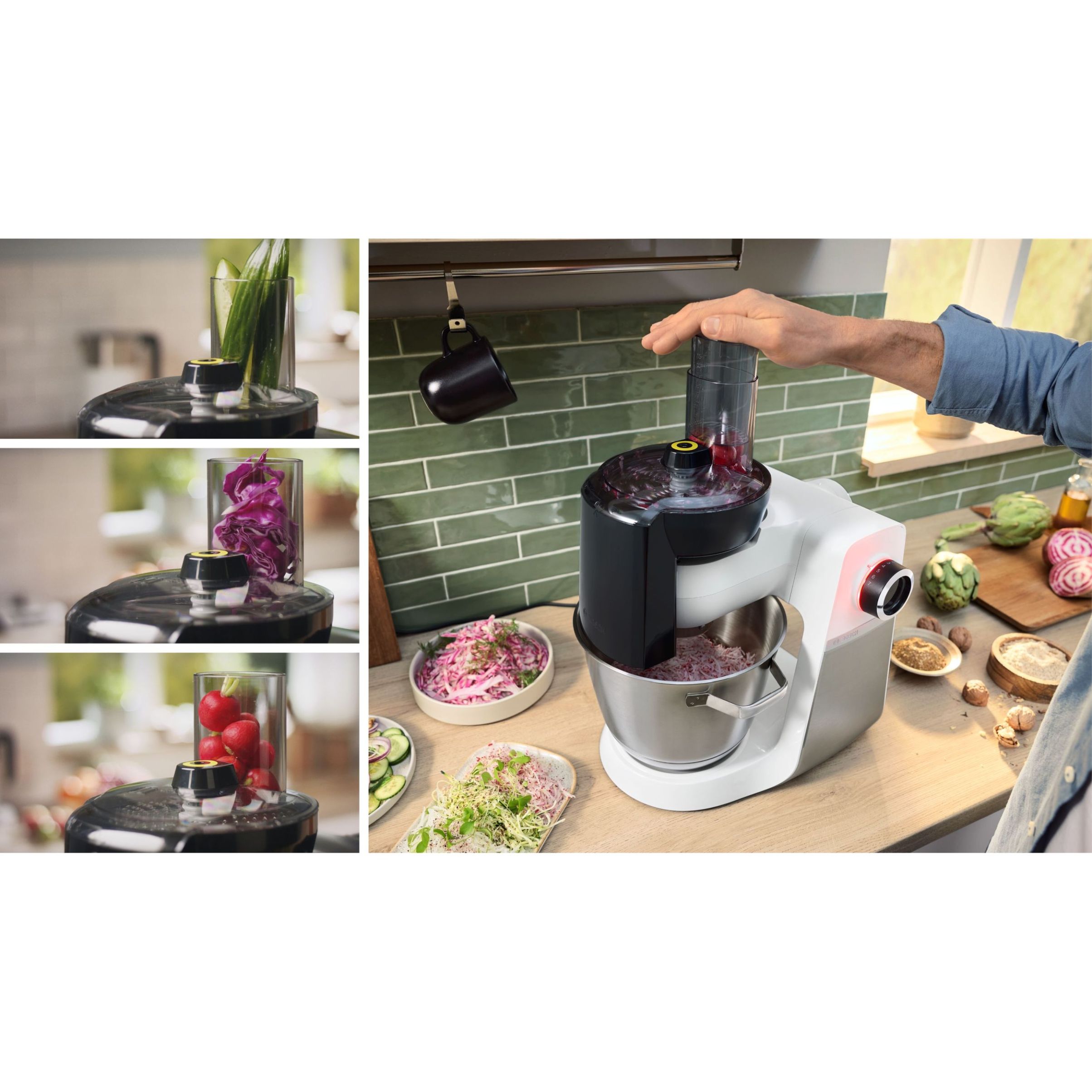 Robot de bucătărie planetar BOSCH Serie 6 MUMS6 MUMS6EW22, 1600W (7 trepte, Pulse), Bol inox șlefuit 5.5l cu mânere, Set patiserie, Soft Start, AirCooling, Color Coding, G7.83kg, Polar White