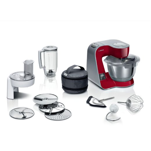 Robot de bucătărie planetar BOSCH Serie 4 MUM5 Scale MUM5X720  1000W (7 trepte  Pulse)  Bol inox 3.9l  Cântar  Timer  Set patiserie  Soft Start  Geantă  Carcasă plastic  Deep Red Silver