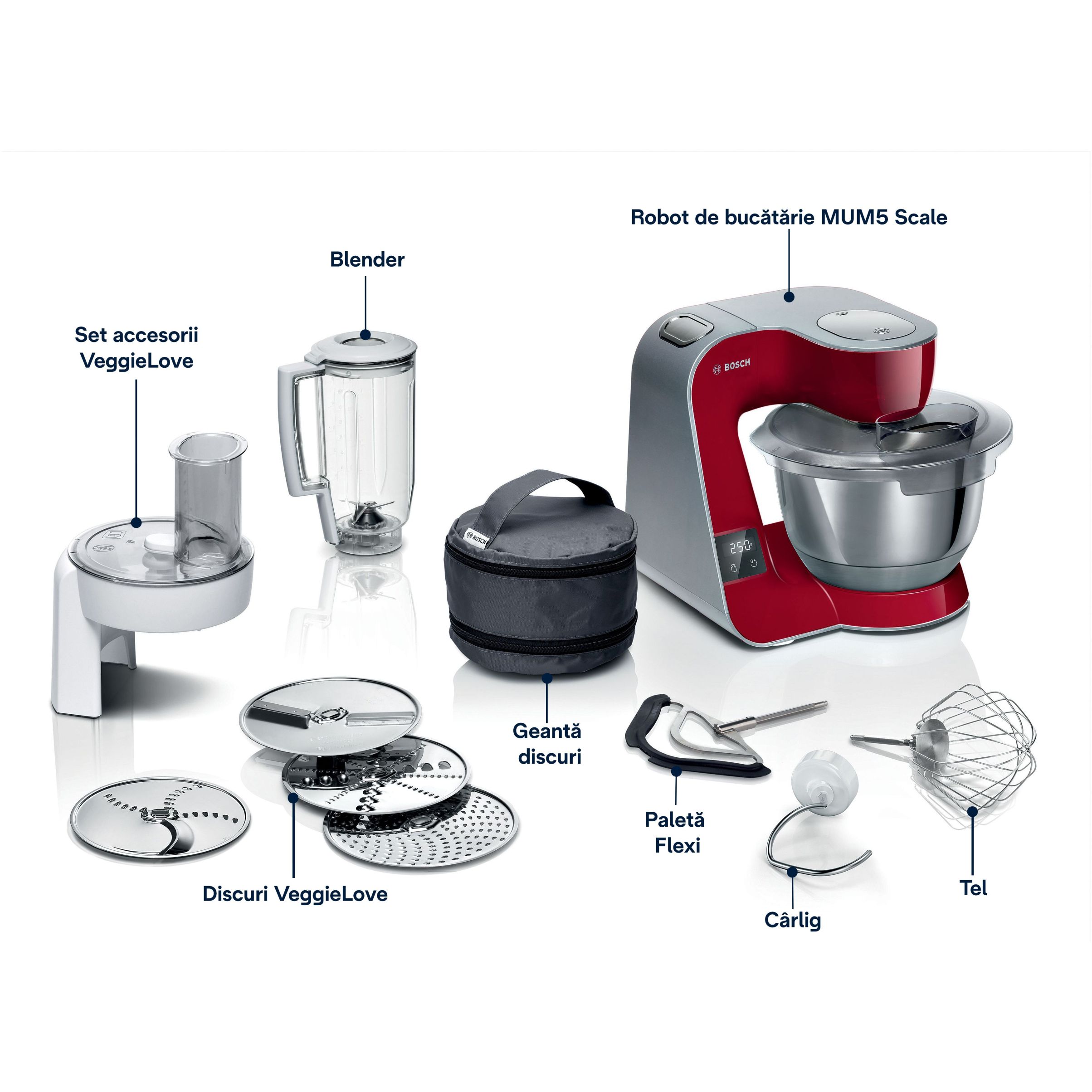 Robot de bucătărie planetar BOSCH Serie 4 MUM5 Scale MUM5X720, 1000W (7 trepte, Pulse), Bol inox 3.9l, Cântar, Timer, Set patiserie, Soft Start, Geantă, Carcasă plastic, Deep Red Silver