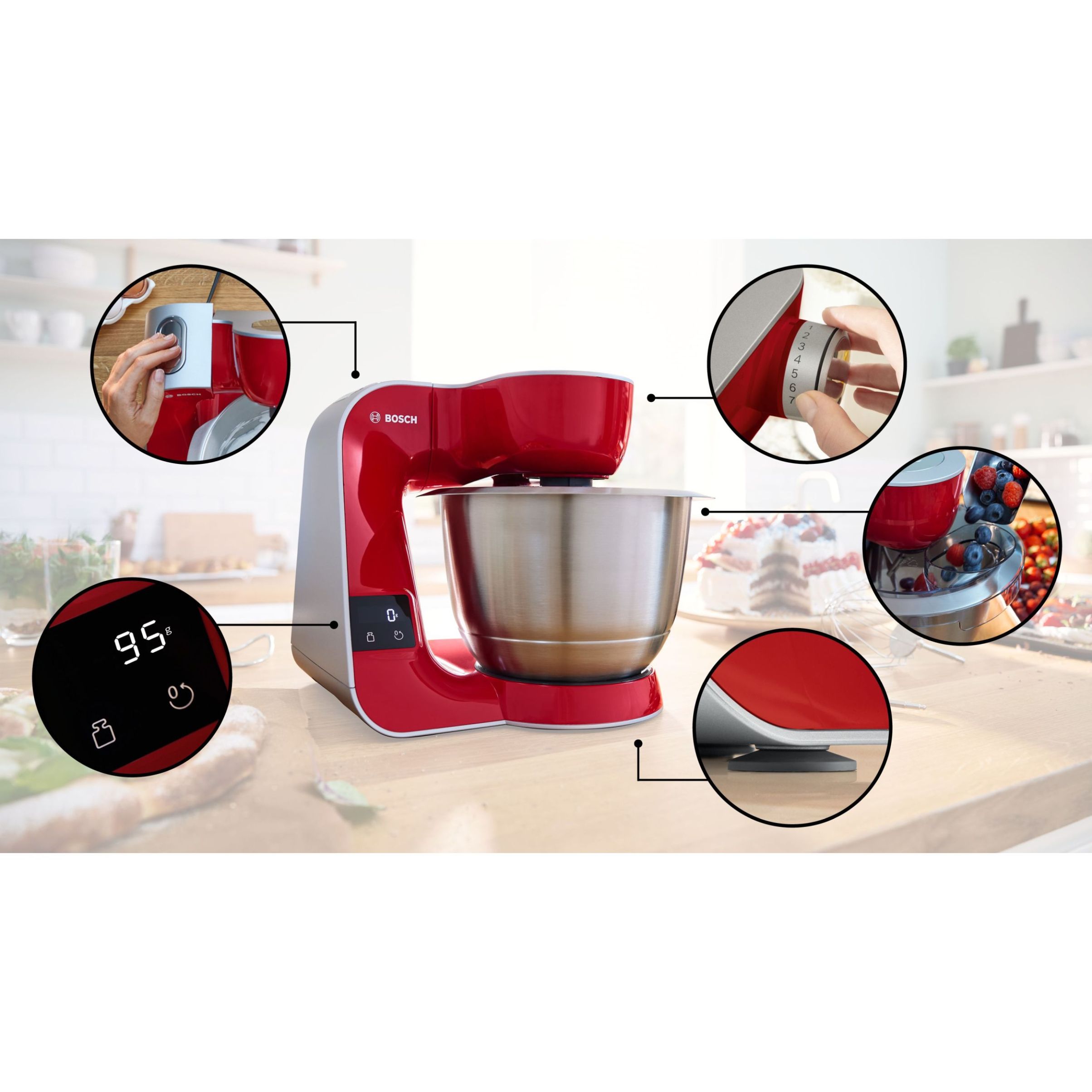 Robot de bucătărie planetar BOSCH Serie 4 MUM5 Scale MUM5X720, 1000W (7 trepte, Pulse), Bol inox 3.9l, Cântar, Timer, Set patiserie, Soft Start, Geantă, Carcasă plastic, Deep Red Silver