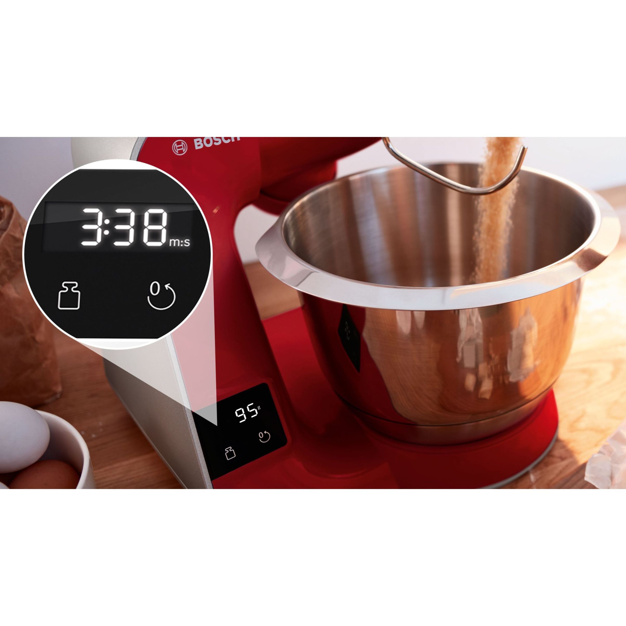 Robot de bucătărie planetar BOSCH Serie 4 MUM5 Scale MUM5X720, 1000W (7 trepte, Pulse), Bol inox 3.9l, Cântar, Timer, Set patiserie, Soft Start, Geantă, Carcasă plastic, Deep Red Silver