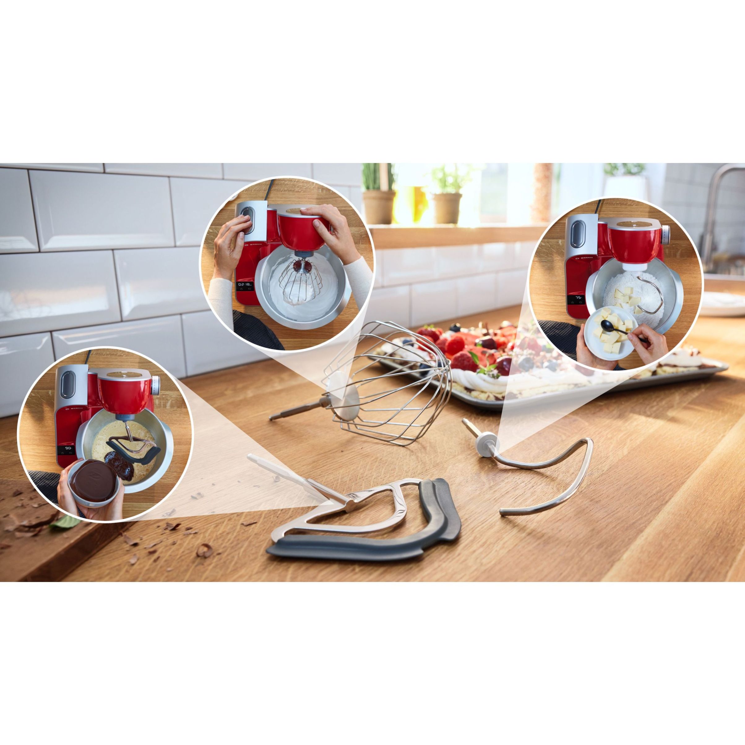 Robot de bucătărie planetar BOSCH Serie 4 MUM5 Scale MUM5X720, 1000W (7 trepte, Pulse), Bol inox 3.9l, Cântar, Timer, Set patiserie, Soft Start, Geantă, Carcasă plastic, Deep Red Silver