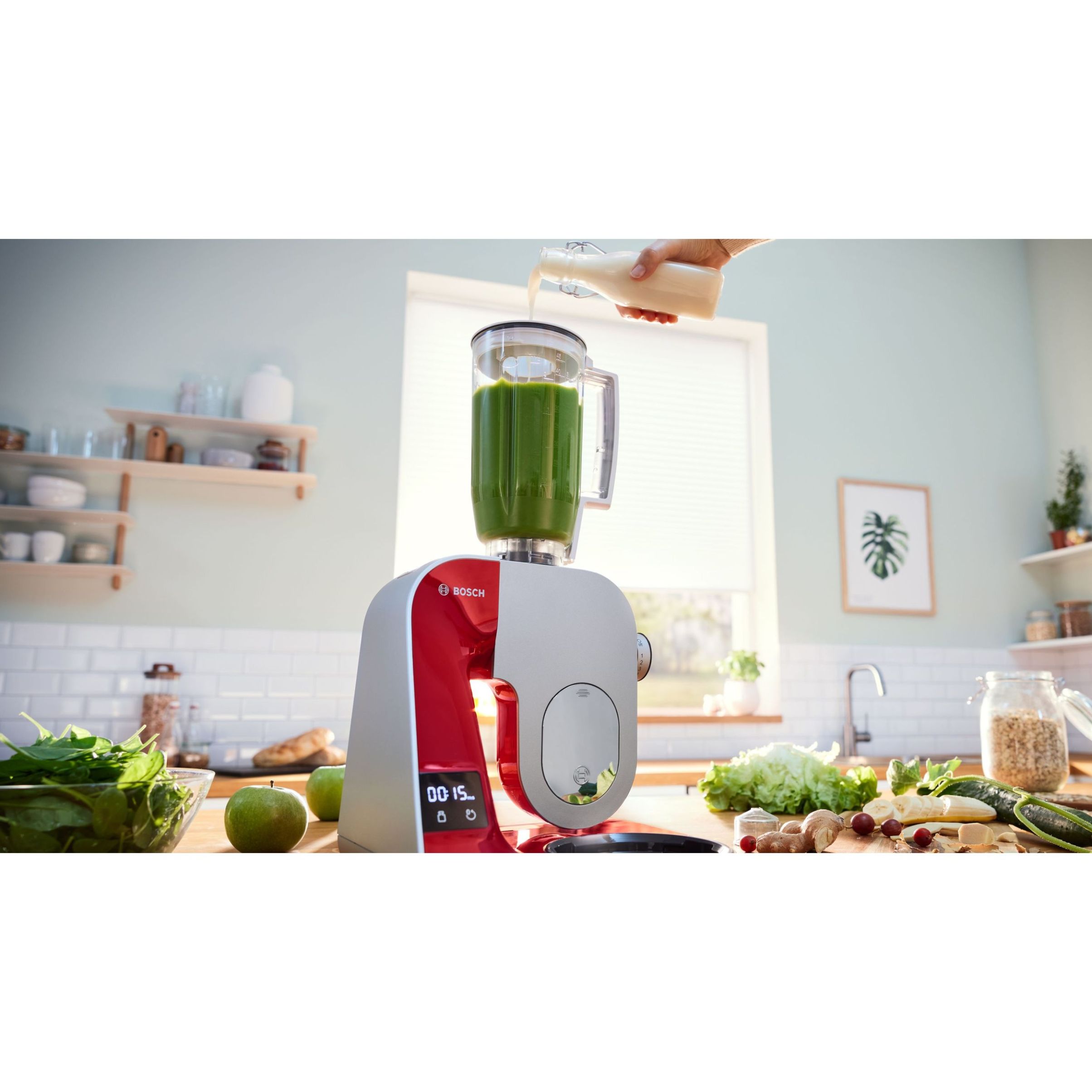 Robot de bucătărie planetar BOSCH Serie 4 MUM5 Scale MUM5X720, 1000W (7 trepte, Pulse), Bol inox 3.9l, Cântar, Timer, Set patiserie, Soft Start, Geantă, Carcasă plastic, Deep Red Silver
