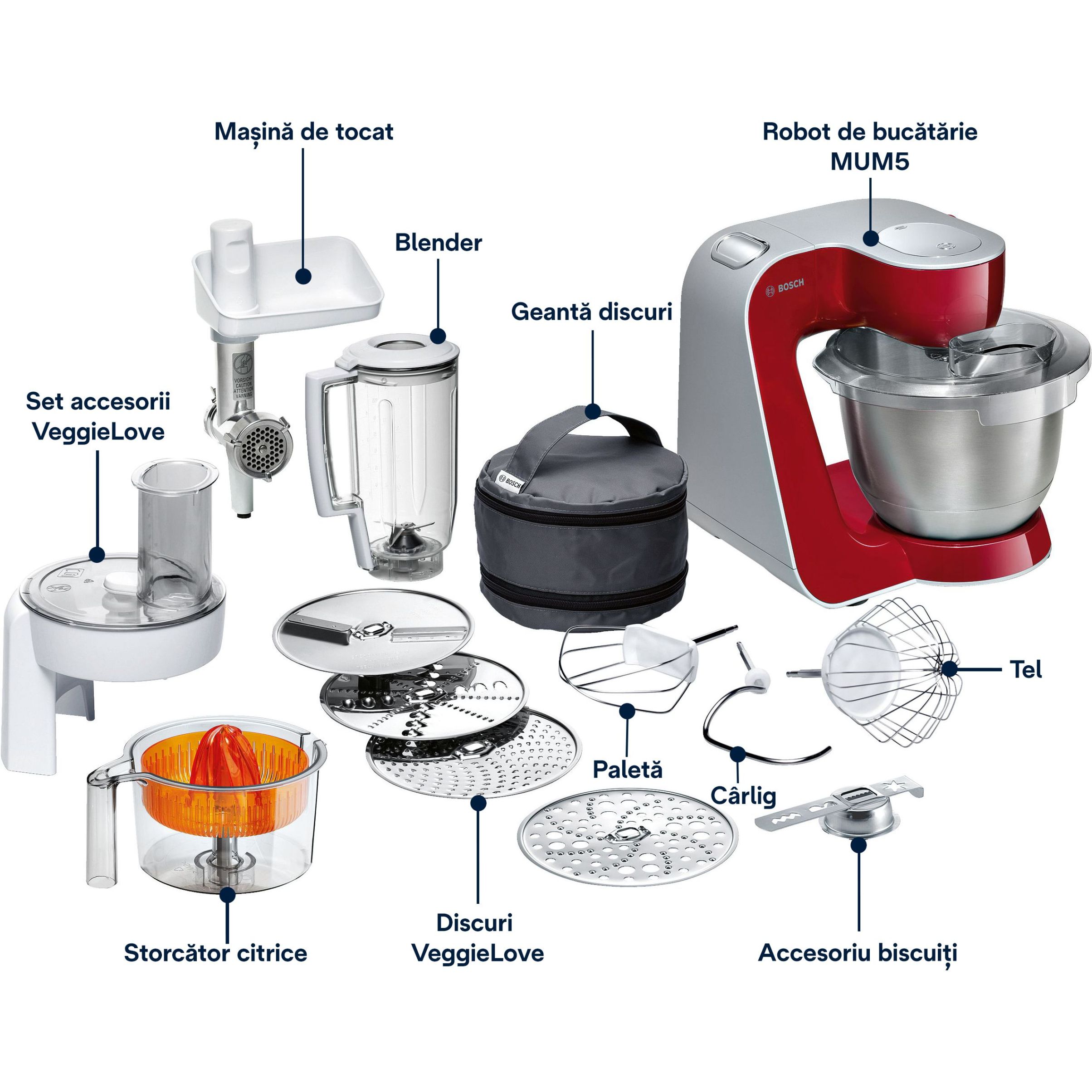 Robot de bucătărie planetar BOSCH Serie 4 MUM5 MUM55761, 900W (7 trepte), Bol inox 3.9l, Roșu/Argintiu