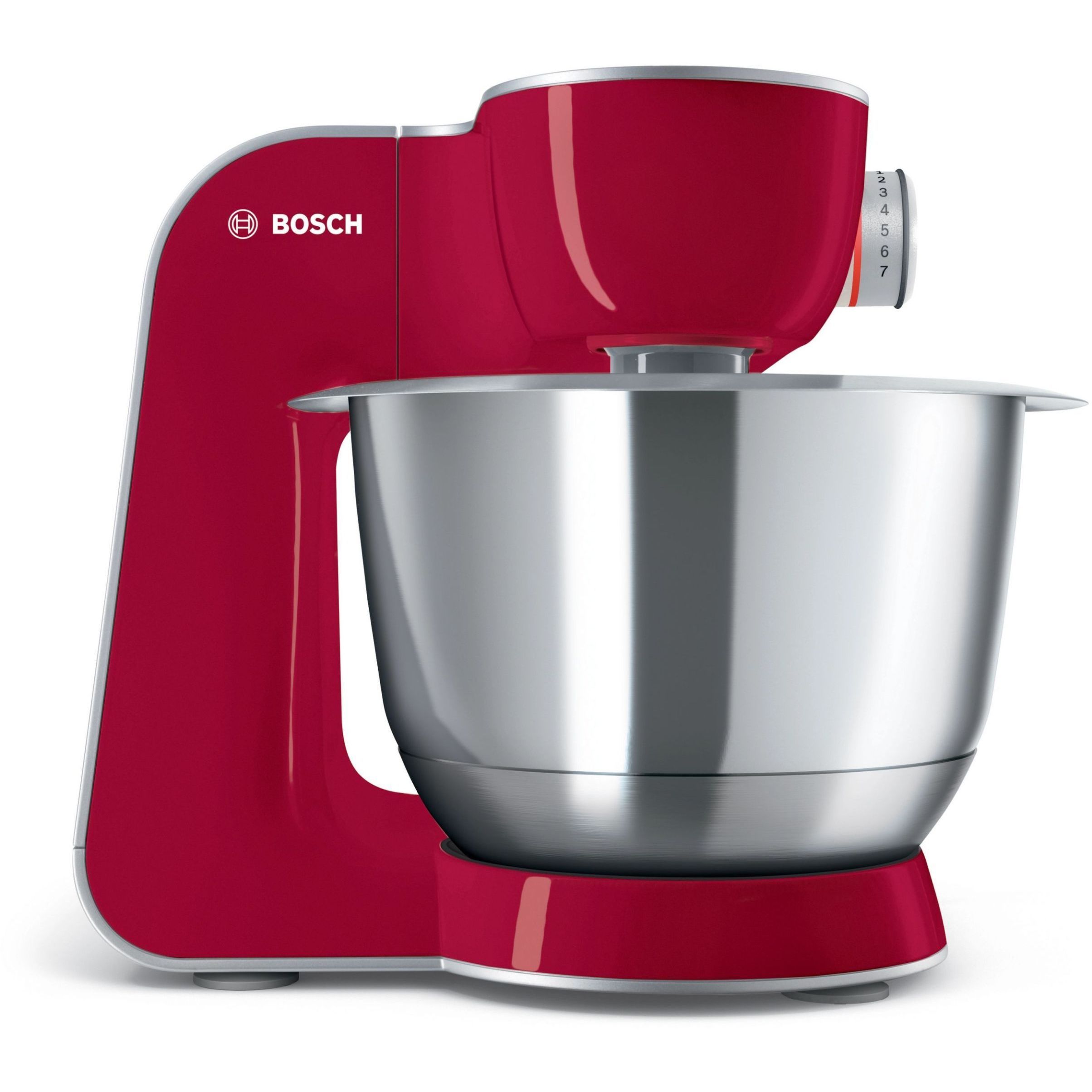 Robot de bucătărie planetar BOSCH Serie 4 MUM5 MUM55761, 900W (7 trepte), Bol inox 3.9l, Roșu/Argintiu