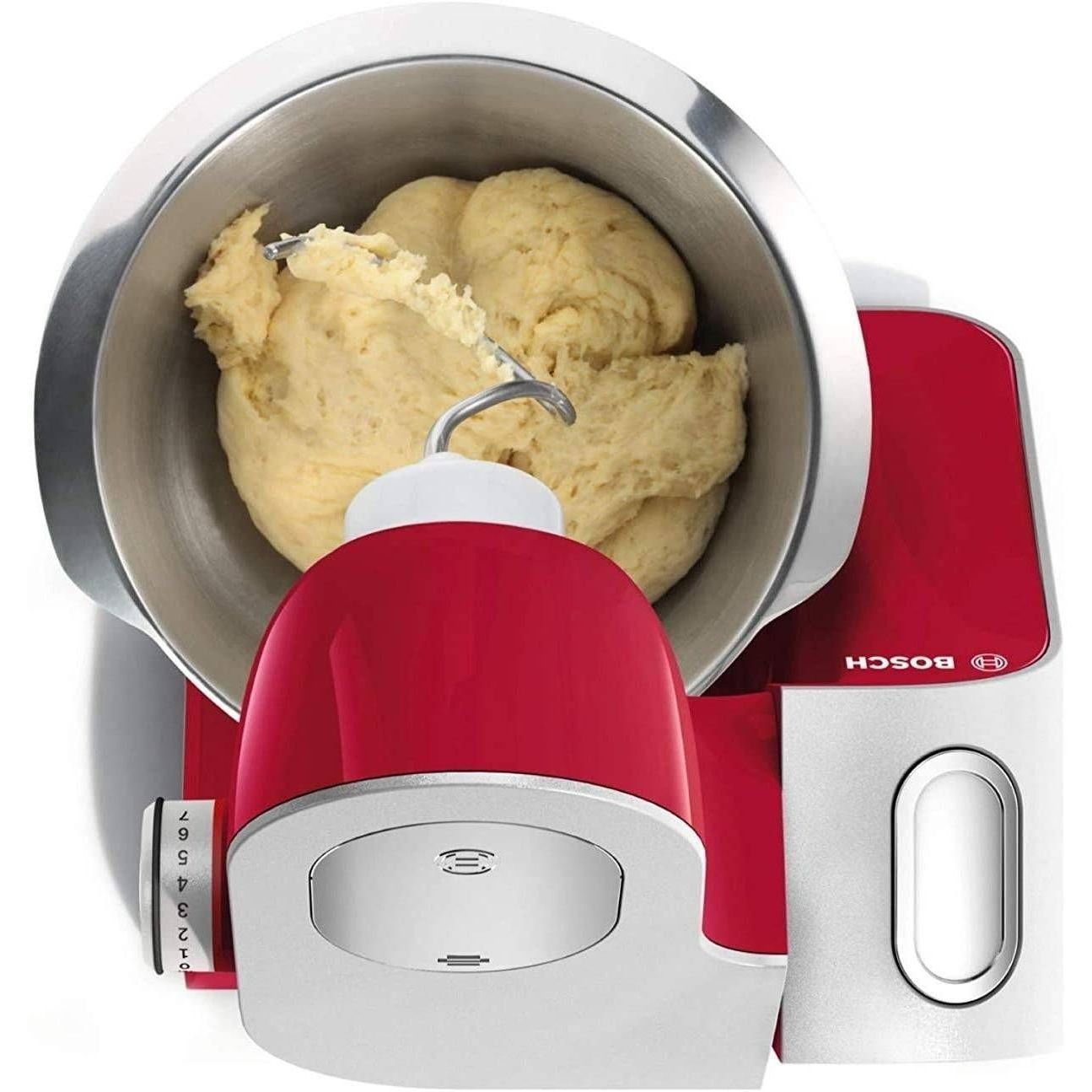 Robot de bucătărie planetar BOSCH Serie 4 MUM5 MUM55761, 900W (7 trepte), Bol inox 3.9l, Roșu/Argintiu