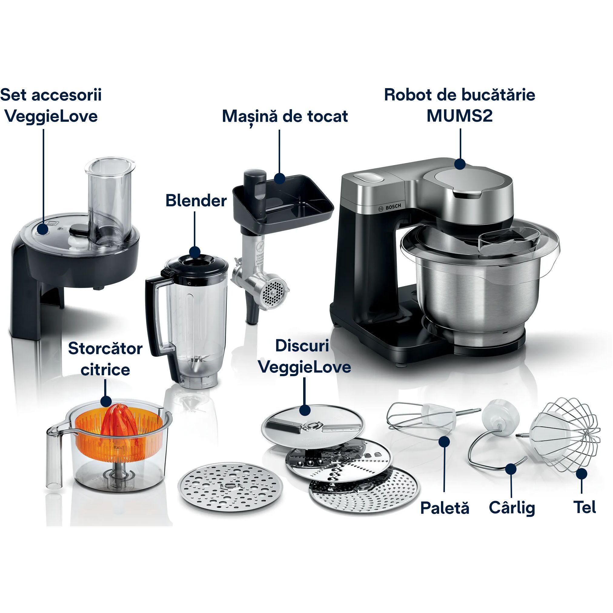 Robot de bucătărie planetar BOSCH Serie S2 MUMS2 MUMS2VM40, 900W (7 trepte și Pulse), Bol inox 3.8l, Set patiserie, Soft Start, Design compact, Control electronic al puterii, G4.4kg, Black and Silver
