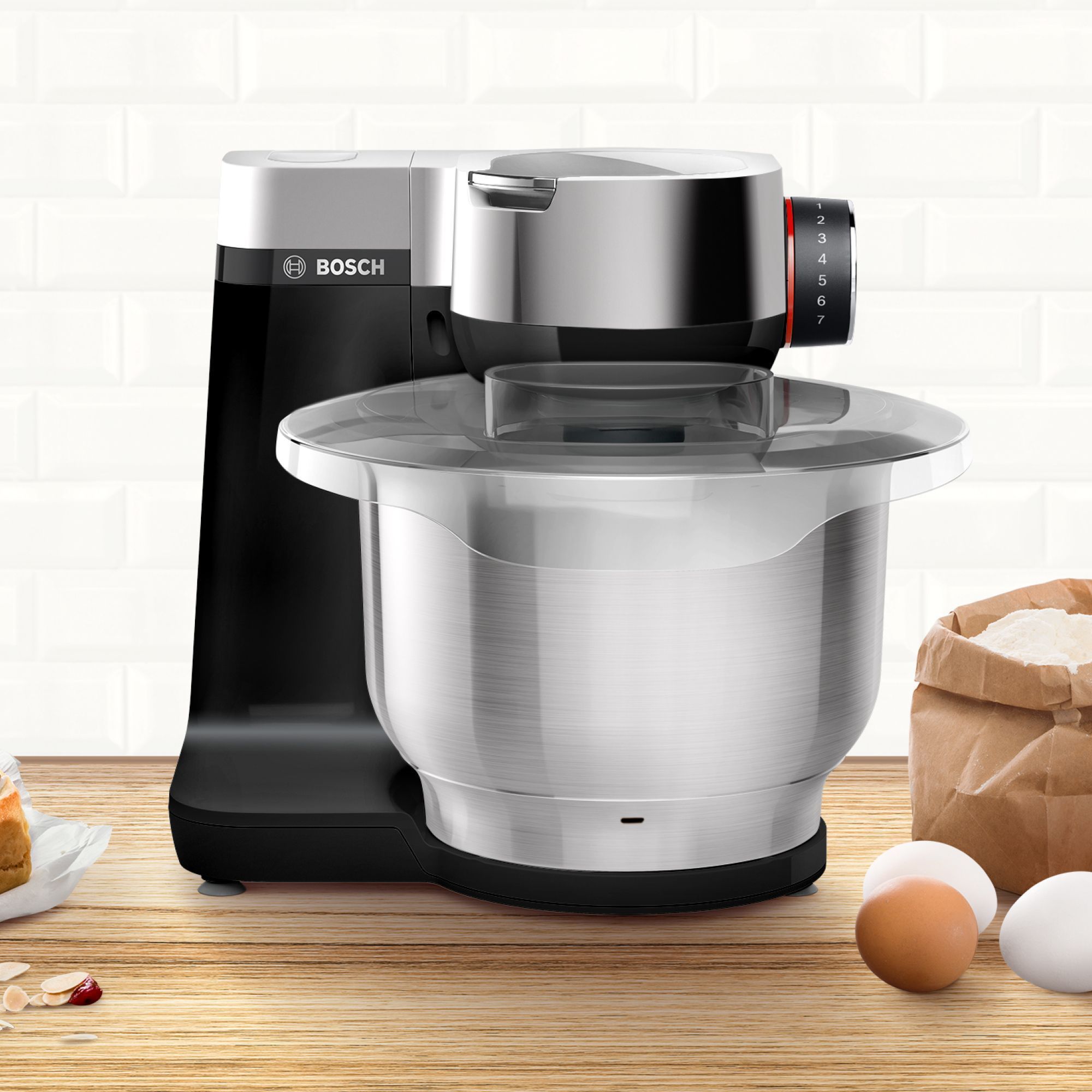 Robot de bucătărie planetar BOSCH Serie S2 MUMS2 MUMS2VM00, 900W (7 trepte și Pulse), Bol inox 3.8l, Set patiserie, Soft Start, Design compact, Control electronic al puterii, G4.4kg, Black and Silver