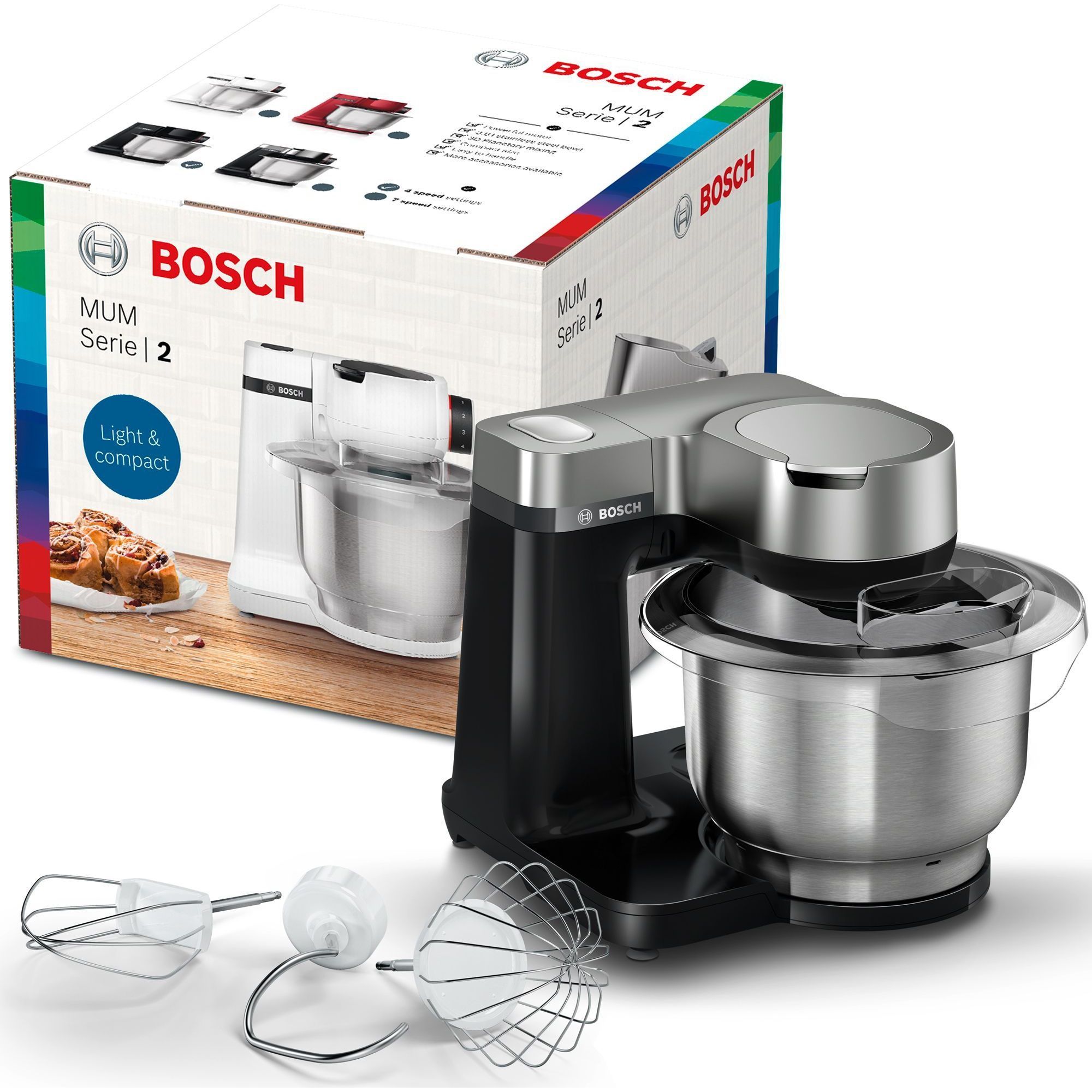 Robot de bucătărie planetar BOSCH Serie S2 MUMS2 MUMS2VM00, 900W (7 trepte și Pulse), Bol inox 3.8l, Set patiserie, Soft Start, Design compact, Control electronic al puterii, G4.4kg, Black and Silver