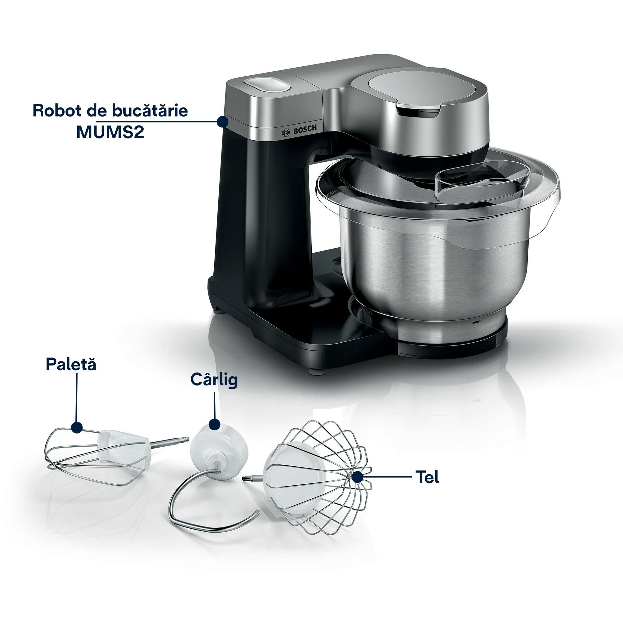 Robot de bucătărie planetar BOSCH Serie S2 MUMS2 MUMS2VM00, 900W (7 trepte și Pulse), Bol inox 3.8l, Set patiserie, Soft Start, Design compact, Control electronic al puterii, G4.4kg, Black and Silver