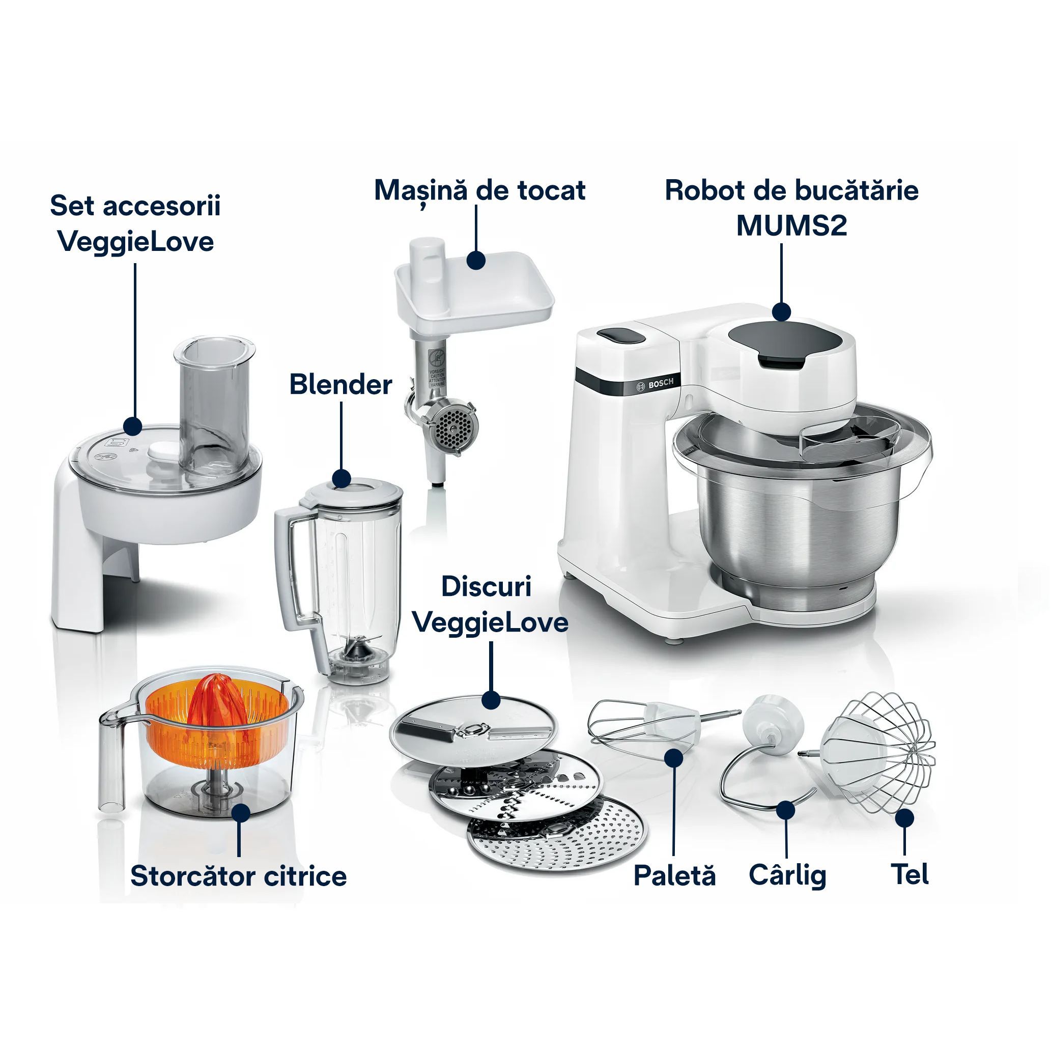 Robot de bucătărie planetar BOSCH Serie S2 MUMS2 MUMS2EW40, 700W (4 trepte), Bol inox 3.8l, Set de patiserie, Soft Start, Design compact, Control electronic al puterii, G4.4kg, Fully White