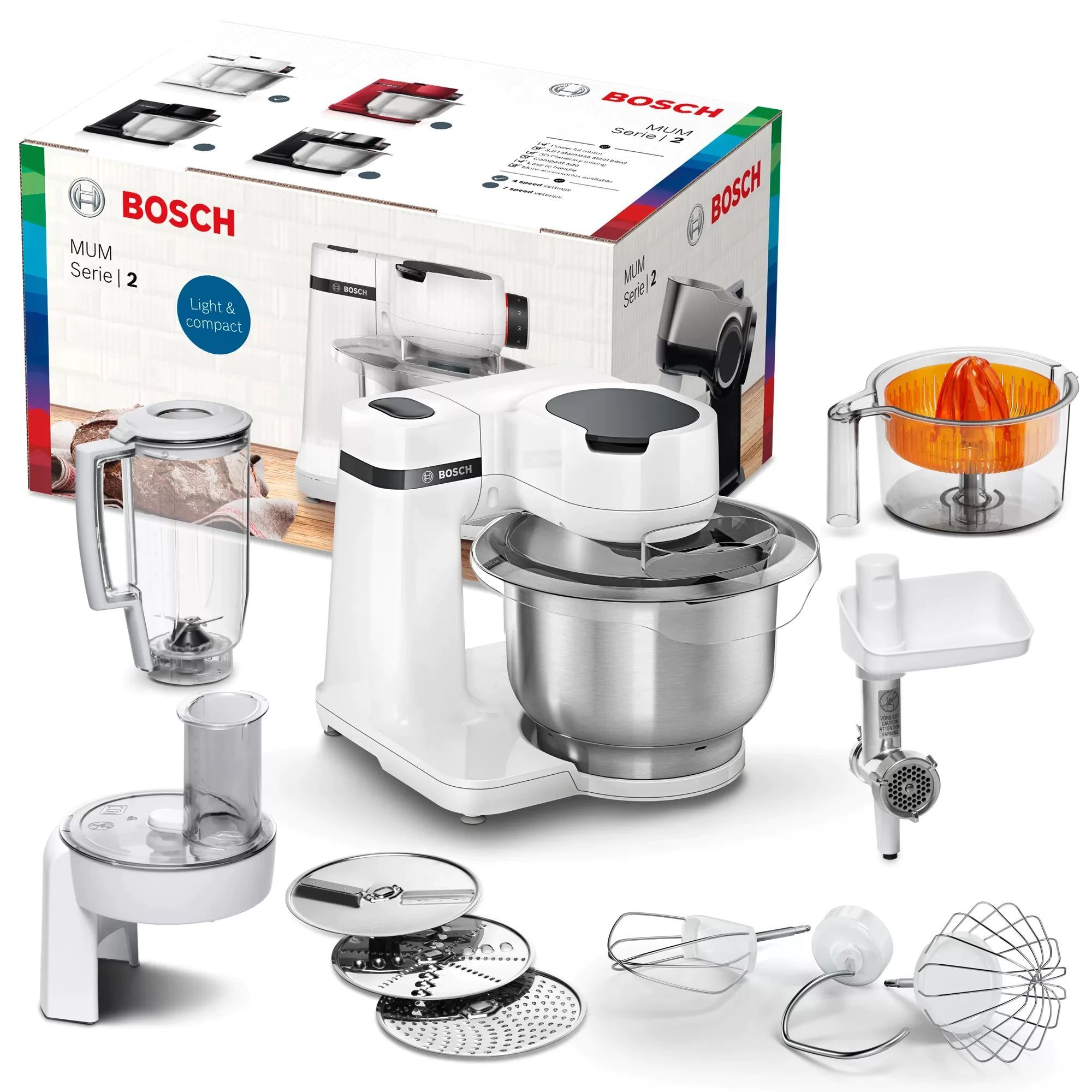 Robot de bucătărie planetar BOSCH Serie S2 MUMS2 MUMS2EW40, 700W (4 trepte), Bol inox 3.8l, Set de patiserie, Soft Start, Design compact, Control electronic al puterii, G4.4kg, Fully White