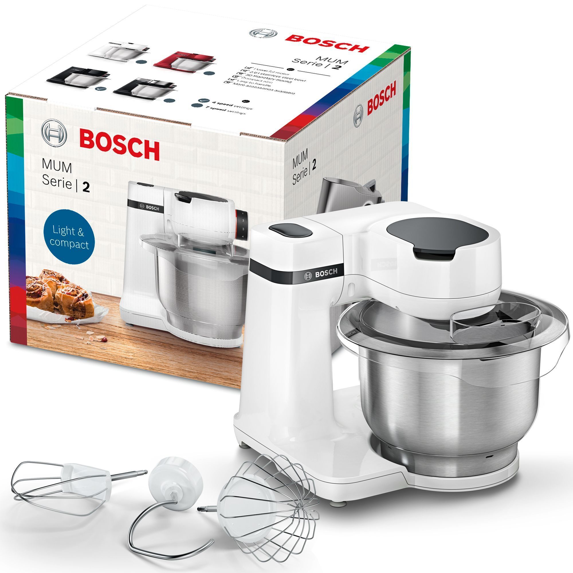 Robot de bucătărie planetar BOSCH Serie S2 MUMS2 MUMS2EW00, 700W (4 trepte), Bol inox 3.8l, Set de patiserie, Soft Start, Design compact, Control electronic al puterii, G4.4kg, Fully White