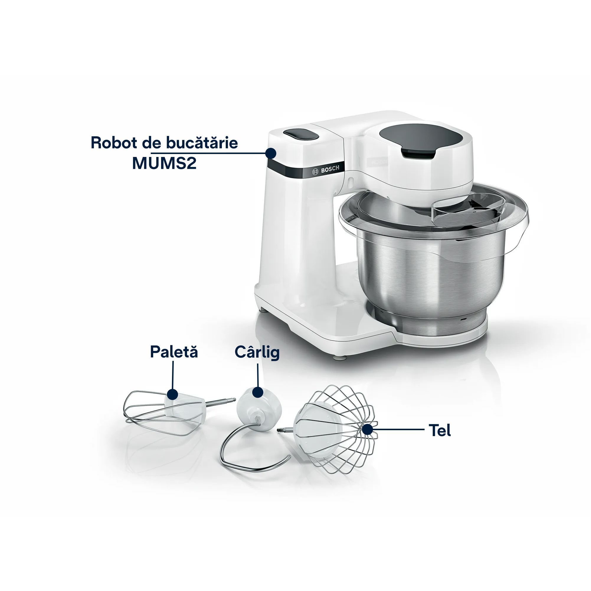 Robot de bucătărie planetar BOSCH Serie S2 MUMS2 MUMS2EW00, 700W (4 trepte), Bol inox 3.8l, Set de patiserie, Soft Start, Design compact, Control electronic al puterii, G4.4kg, Fully White