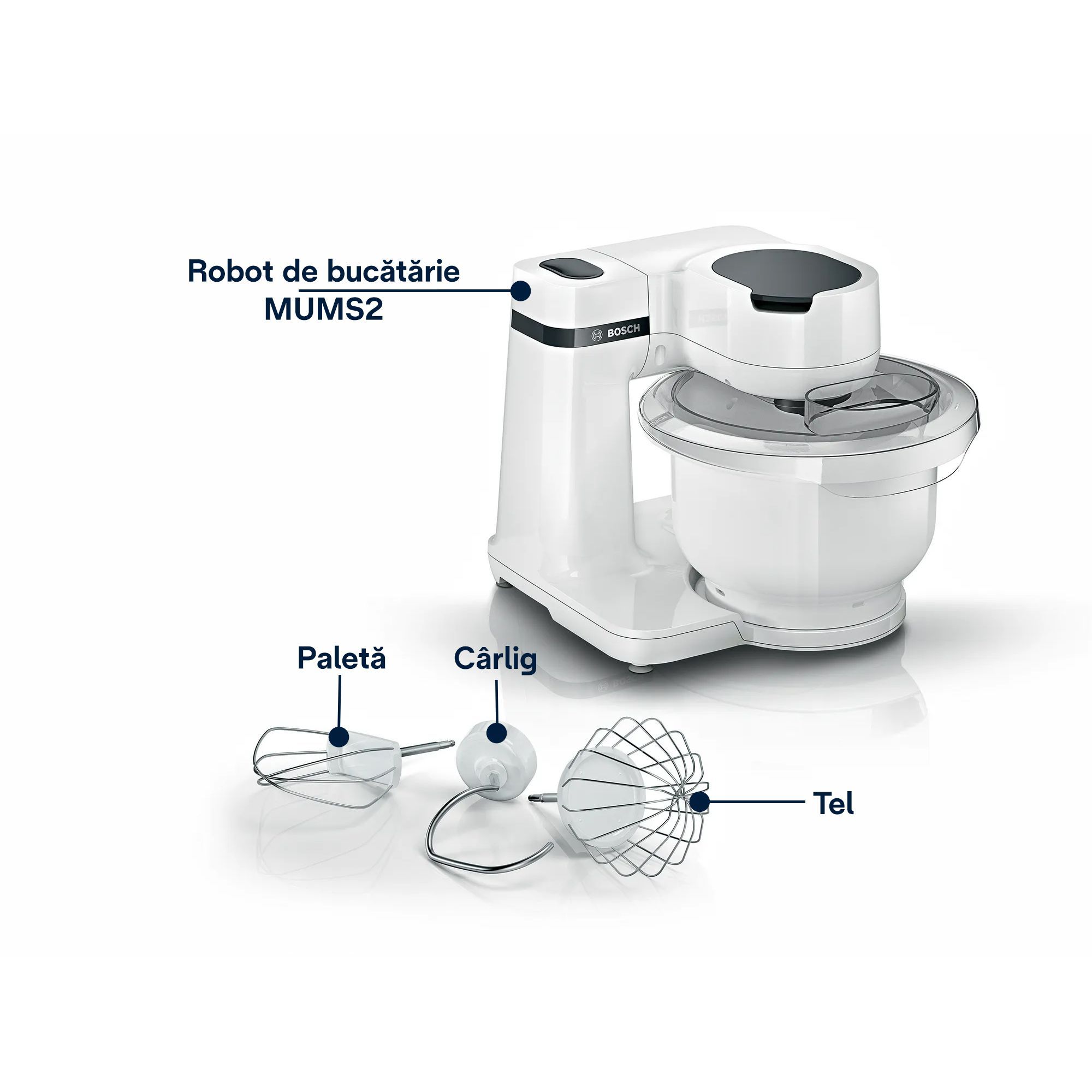 Robot de bucătărie planetar BOSCH Serie S2 MUMS2 MUMS2AW00, 700W (4 trepte), Bol plastic 3.8l, Set de patiserie, Soft Start, Design compact, Control electronic al puterii, G4.4kg, Fully White