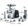 Mașină de tocat carne BOSCH ProPower MFW68640, 800W, 3 discuri incluse depozitabile (3mm, 4.8mm, 8mm), 4,3kg/min, 10 funcții, Buton inversare, Pâlnie cârnați, Accesoriu Kebbe, Mâner, 79dBA