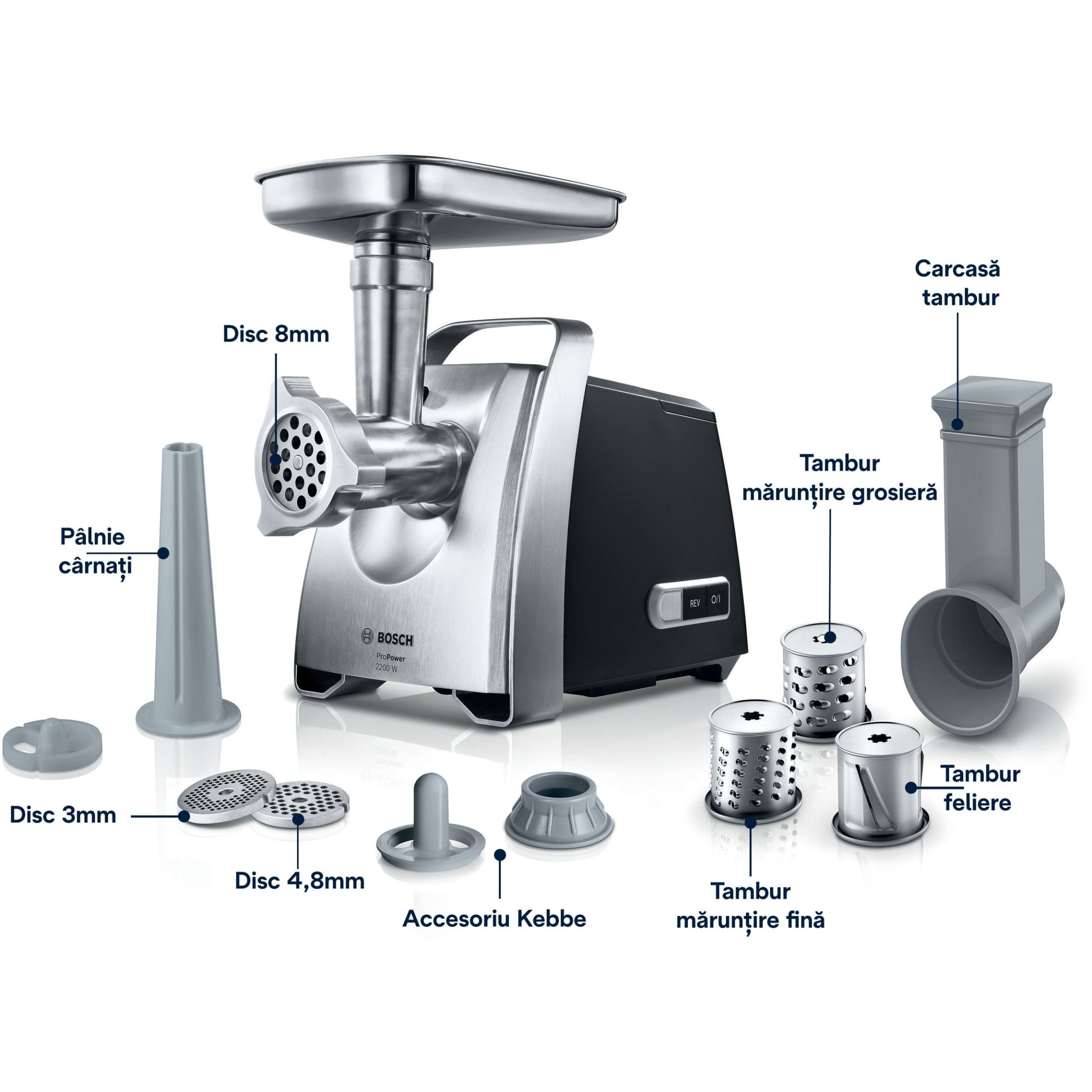 Mașină de tocat carne BOSCH ProPower MFW68640, 800W, 3 discuri incluse depozitabile (3mm, 4.8mm, 8mm), 4,3kg/min, 10 funcții, Buton inversare, Pâlnie cârnați, Accesoriu Kebbe, Mâner, 79dBA