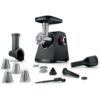 Mașină de tocat carne BOSCH Serie 4 MultiPower MFWS440B  Vârf 2000W (2 trepte și revers)  Nominală 500W  2.5kg/min  Răzătoare  Cârnați  Kebbe  Cuțit două tăișuri  Neagră