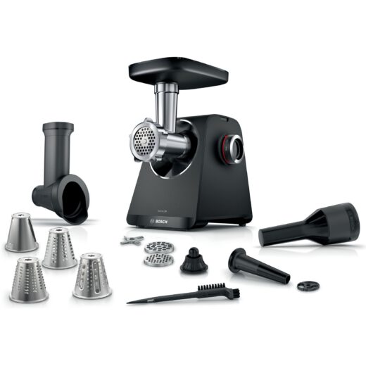 Mașină de tocat carne BOSCH Serie 4 MultiPower MFWS440B  Vârf 2000W (2 trepte și revers)  Nominală 500W  2.5kg/min  Răzătoare  Cârnați  Kebbe  Cuțit două tăișuri  Neagră