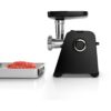 Mașină de tocat carne BOSCH Serie 4 MultiPower MFWS440B, Vârf 2000W (2 trepte și revers), Nominală 500W, 2.5kg/min, Răzătoare, Cârnați, Kebbe, Cuțit două tăișuri, Neagră