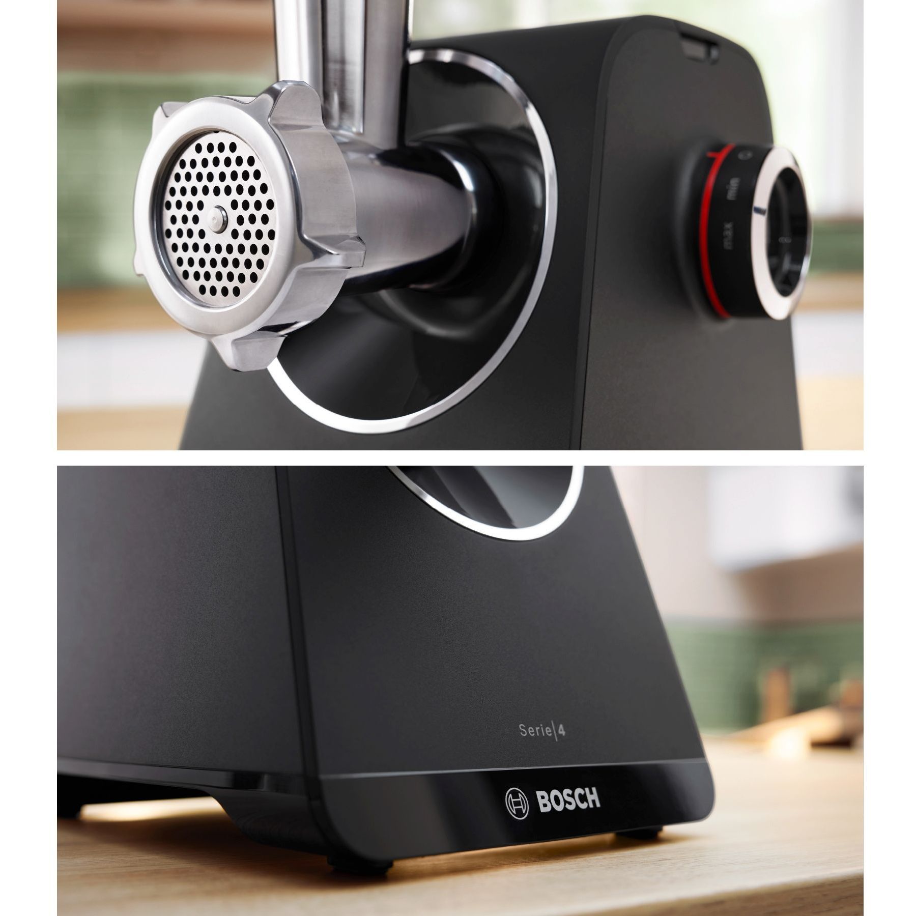 Mașină de tocat carne BOSCH Serie 4 MultiPower MFWS440B, Vârf 2000W (2 trepte și revers), Nominală 500W, 2.5kg/min, Răzătoare, Cârnați, Kebbe, Cuțit două tăișuri, Neagră