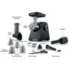Mașină de tocat carne BOSCH Serie 4 MultiPower MFWS440B, Vârf 2000W (2 trepte și revers), Nominală 500W, 2.5kg/min, Răzătoare, Cârnați, Kebbe, Cuțit două tăișuri, Neagră