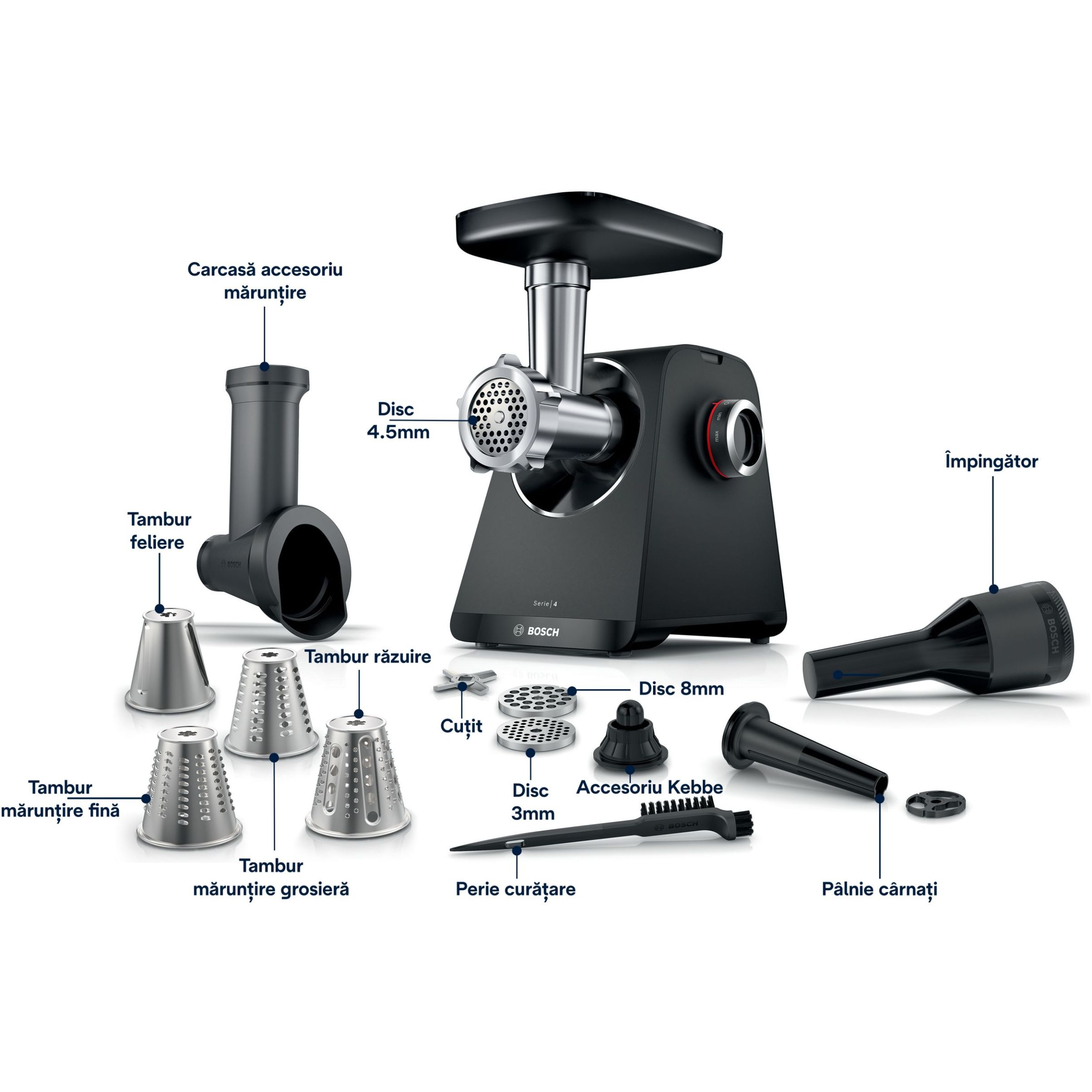 Mașină de tocat carne BOSCH Serie 4 MultiPower MFWS440B, Vârf 2000W (2 trepte și revers), Nominală 500W, 2.5kg/min, Răzătoare, Cârnați, Kebbe, Cuțit două tăișuri, Neagră