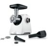 Mașină de tocat carne BOSCH Serie 4 MultiPower MFWS420W  Vârf 2000W (2 trepte și revers)  Nominală 500W  2.5kg/min  Cârnați  Piciorușe ventuze  Cuțit cu două tăișuri  Albă