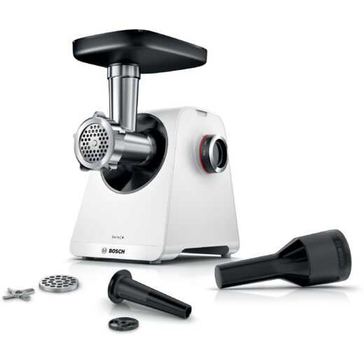 Mașină de tocat carne BOSCH Serie 4 MultiPower MFWS420W  Vârf 2000W (2 trepte și revers)  Nominală 500W  2.5kg/min  Cârnați  Piciorușe ventuze  Cuțit cu două tăișuri  Albă