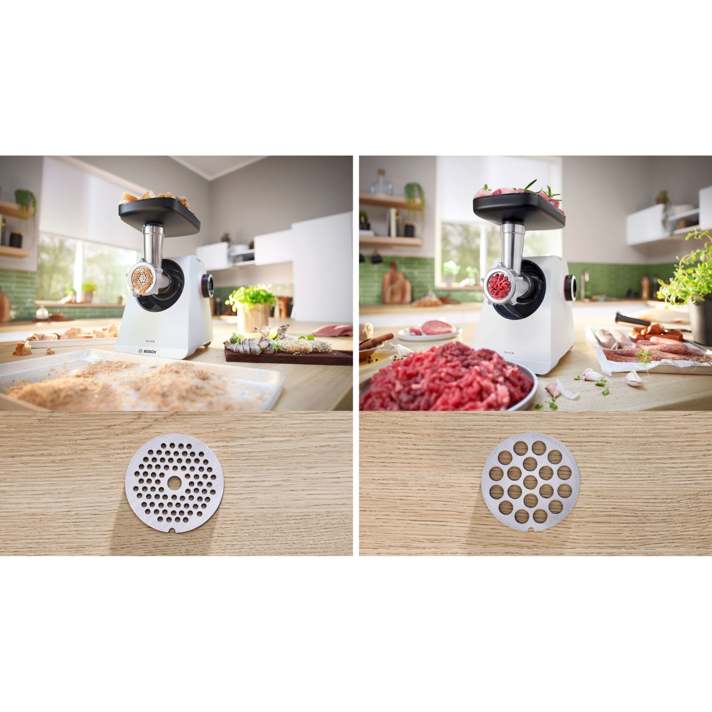 Mașină de tocat carne BOSCH Serie 4 MultiPower MFWS420W, Vârf 2000W (2 trepte și revers), Nominală 500W, 2.5kg/min, Cârnați, Piciorușe ventuze, Cuțit cu două tăișuri, Albă