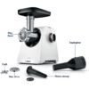 Mașină de tocat carne BOSCH Serie 4 MultiPower MFWS420W, Vârf 2000W (2 trepte și revers), Nominală 500W, 2.5kg/min, Cârnați, Piciorușe ventuze, Cuțit cu două tăișuri, Albă