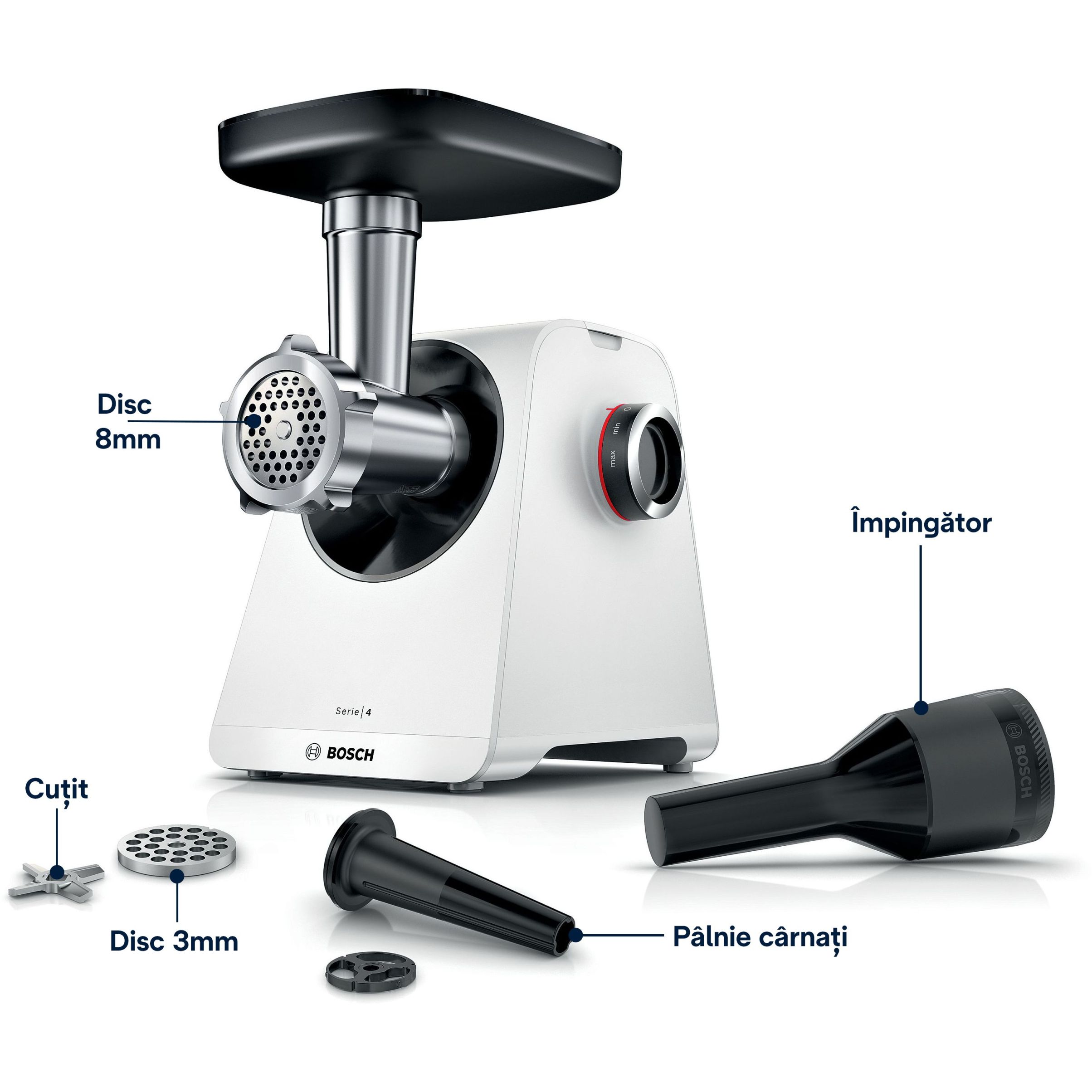 Mașină de tocat carne BOSCH Serie 4 MultiPower MFWS420W, Vârf 2000W (2 trepte și revers), Nominală 500W, 2.5kg/min, Cârnați, Piciorușe ventuze, Cuțit cu două tăișuri, Albă