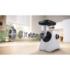 Mașină de tocat carne BOSCH Serie 4 MultiPower MFWS420W, Vârf 2000W (2 trepte și revers), Nominală 500W, 2.5kg/min, Cârnați, Piciorușe ventuze, Cuțit cu două tăișuri, Albă