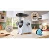 Mașină de tocat carne BOSCH Serie 4 MultiPower MFWS420W, Vârf 2000W (2 trepte și revers), Nominală 500W, 2.5kg/min, Cârnați, Piciorușe ventuze, Cuțit cu două tăișuri, Albă
