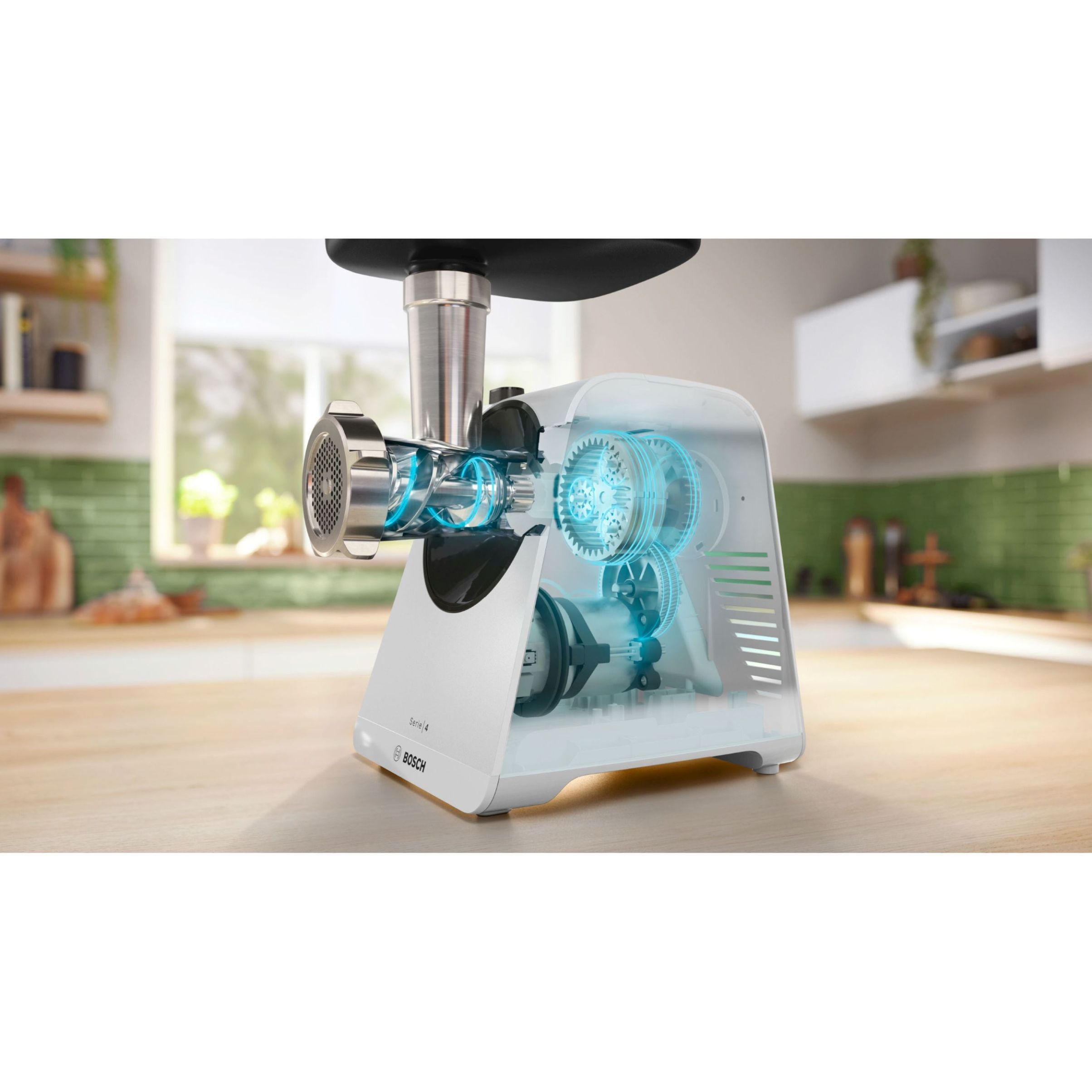 Mașină de tocat carne BOSCH Serie 4 MultiPower MFWS420W, Vârf 2000W (2 trepte și revers), Nominală 500W, 2.5kg/min, Cârnați, Piciorușe ventuze, Cuțit cu două tăișuri, Albă