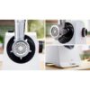 Mașină de tocat carne BOSCH Serie 4 MultiPower MFWS420W, Vârf 2000W (2 trepte și revers), Nominală 500W, 2.5kg/min, Cârnați, Piciorușe ventuze, Cuțit cu două tăișuri, Albă