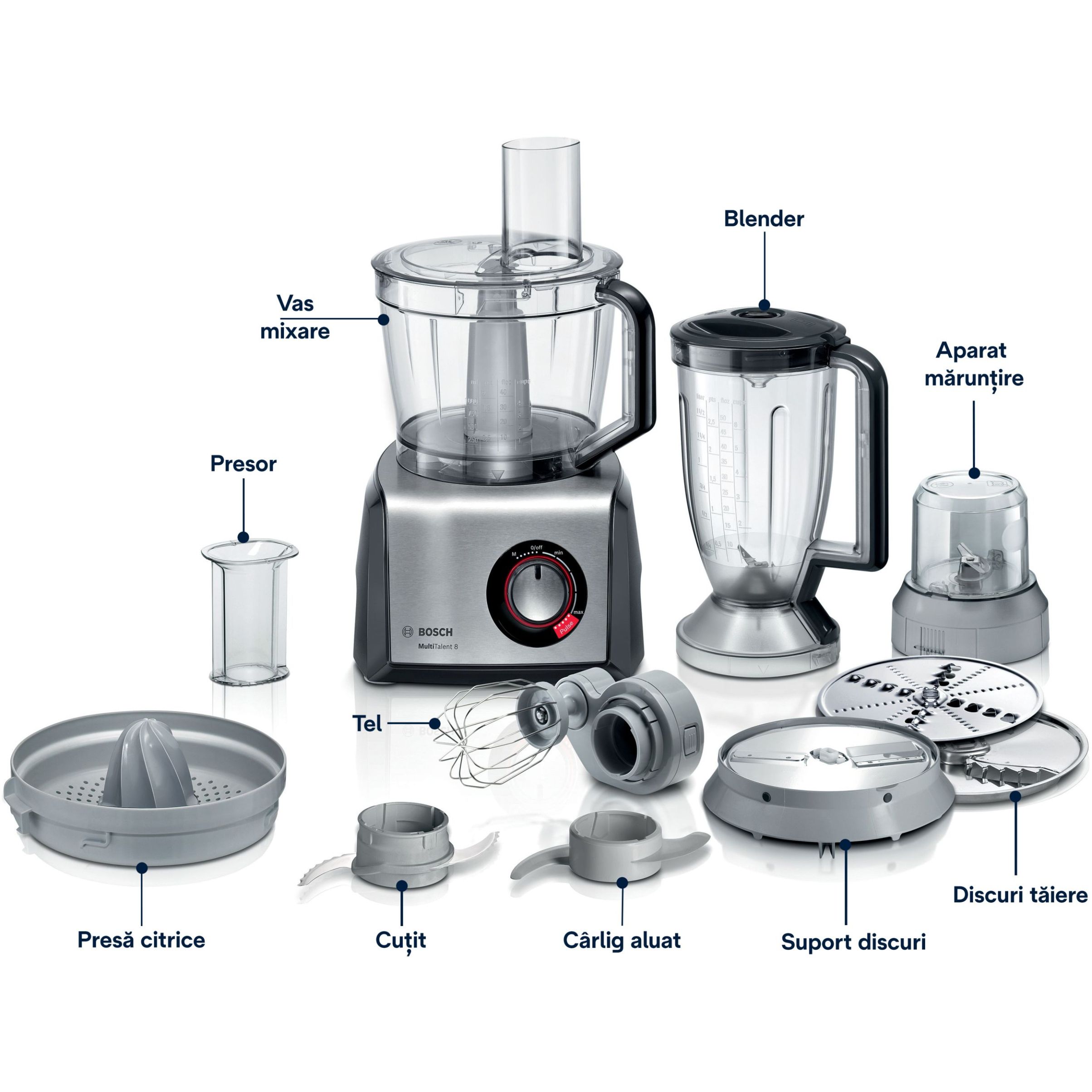 Robot de bucătărie BOSCH MultiTalent 8 MC812M844, 1250W, Oțel inoxidabil periat, 50 de funcţii, Bol XXL cu capacitate de 3,9 l, Viteză variabilă, Indicator LED și Funcție Impuls, Sistem SmartStorage, Negru