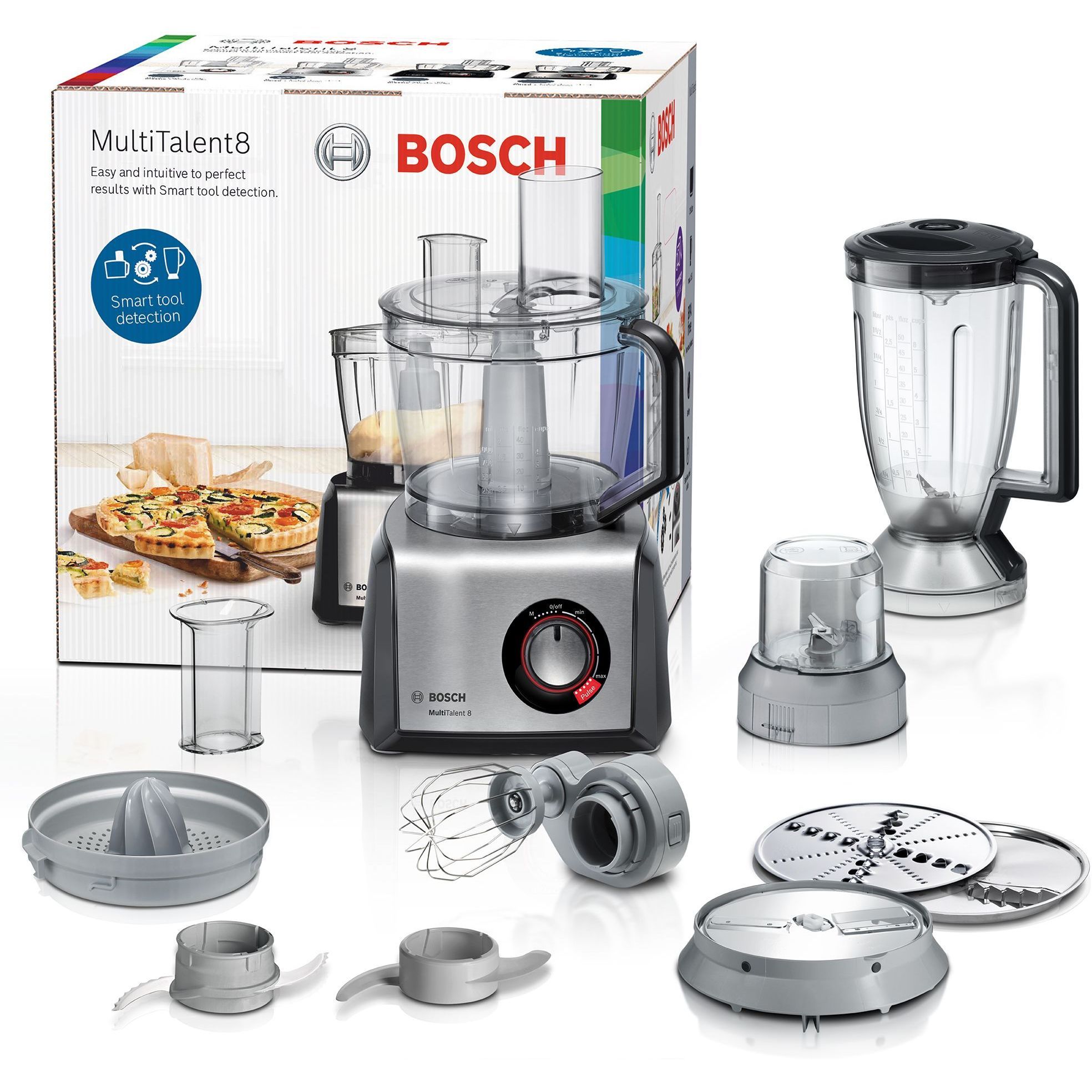 Robot de bucătărie BOSCH MultiTalent 8 MC812M844, 1250W, Oțel inoxidabil periat, 50 de funcţii, Bol XXL cu capacitate de 3,9 l, Viteză variabilă, Indicator LED și Funcție Impuls, Sistem SmartStorage, Negru