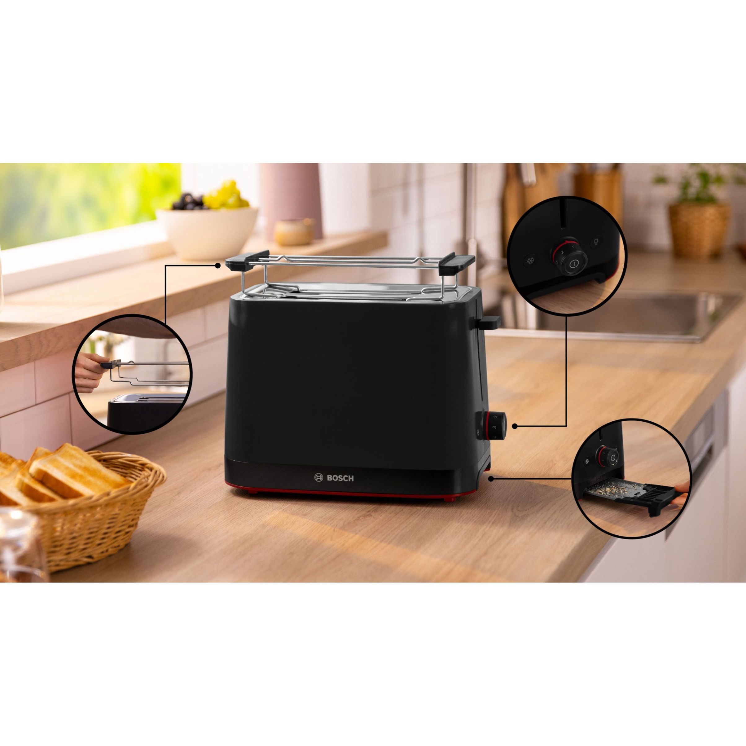 Prăjitor pâine compact BOSCH MyMoment TAT3M123, 2 sloturi, Dezghețare, Încălzire, High Lift, Negru