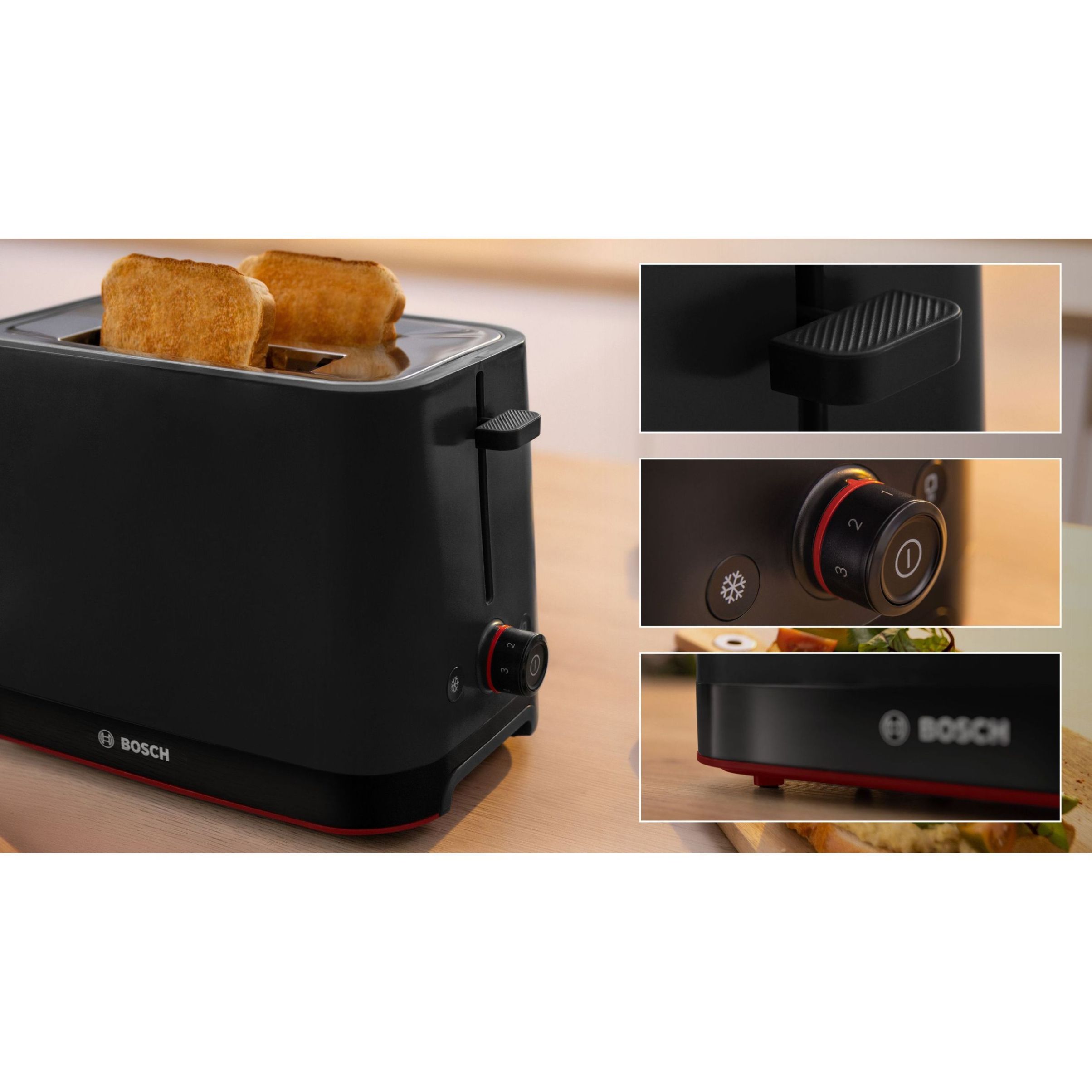 Prăjitor pâine compact BOSCH MyMoment TAT3M123, 2 sloturi, Dezghețare, Încălzire, High Lift, Negru