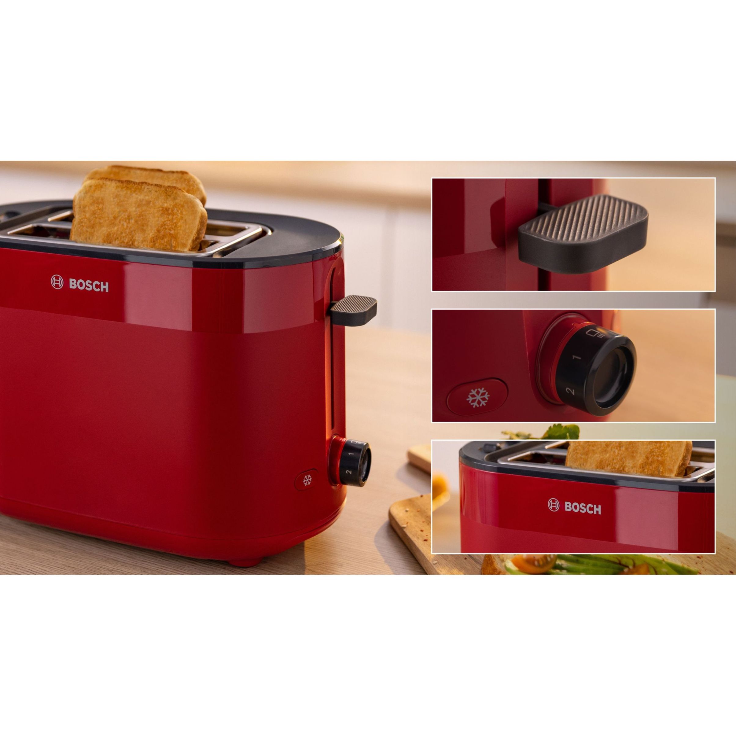 Prăjitor de pâine BOSCH MyMoment TAT2M124, 2 sloturi, Dezghețare, Încălzire, Grătar chifle, High Lift, Roșu